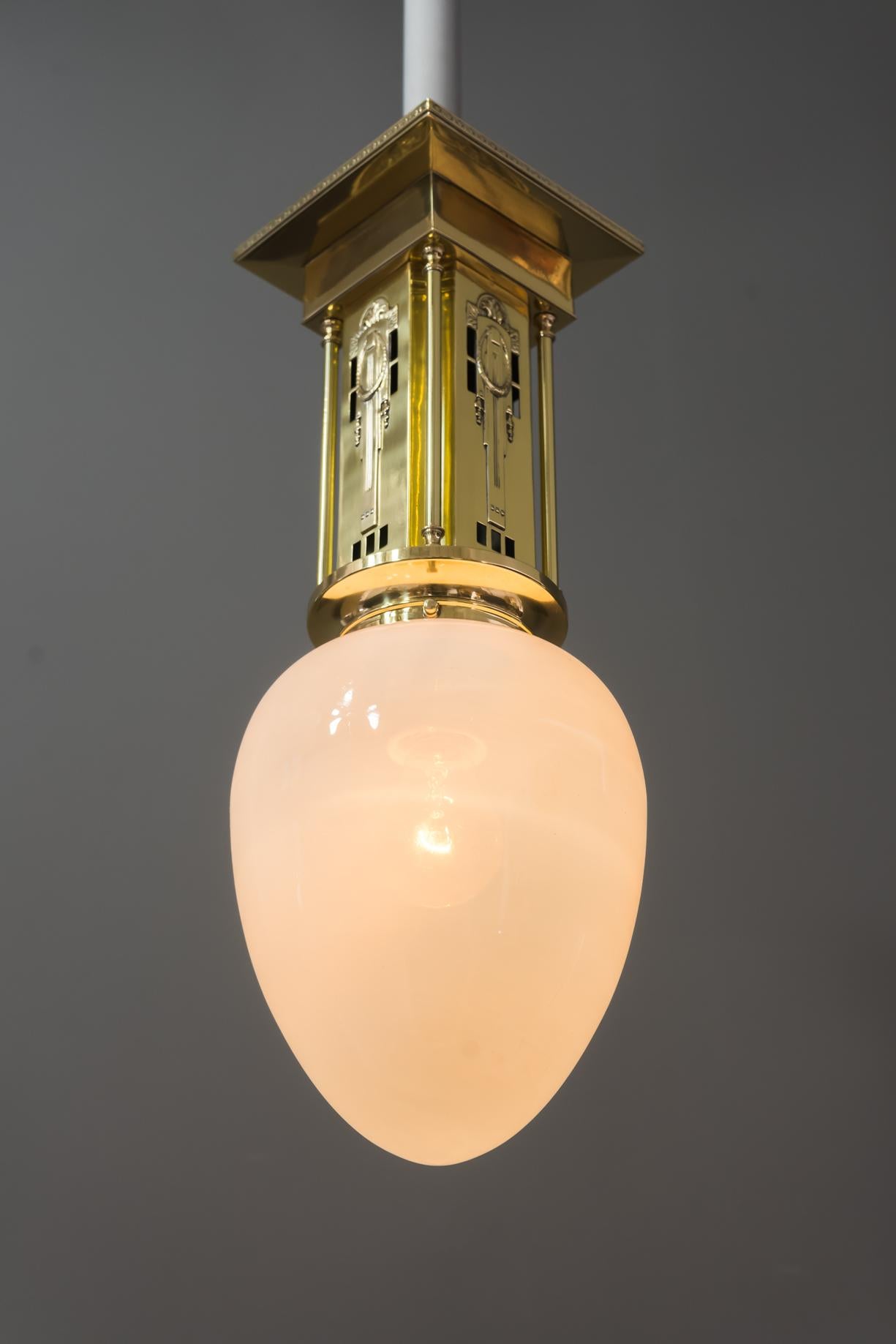 Jugendstil Ceiling Lamp with Opaline Glass Shade, circa 1910s 5