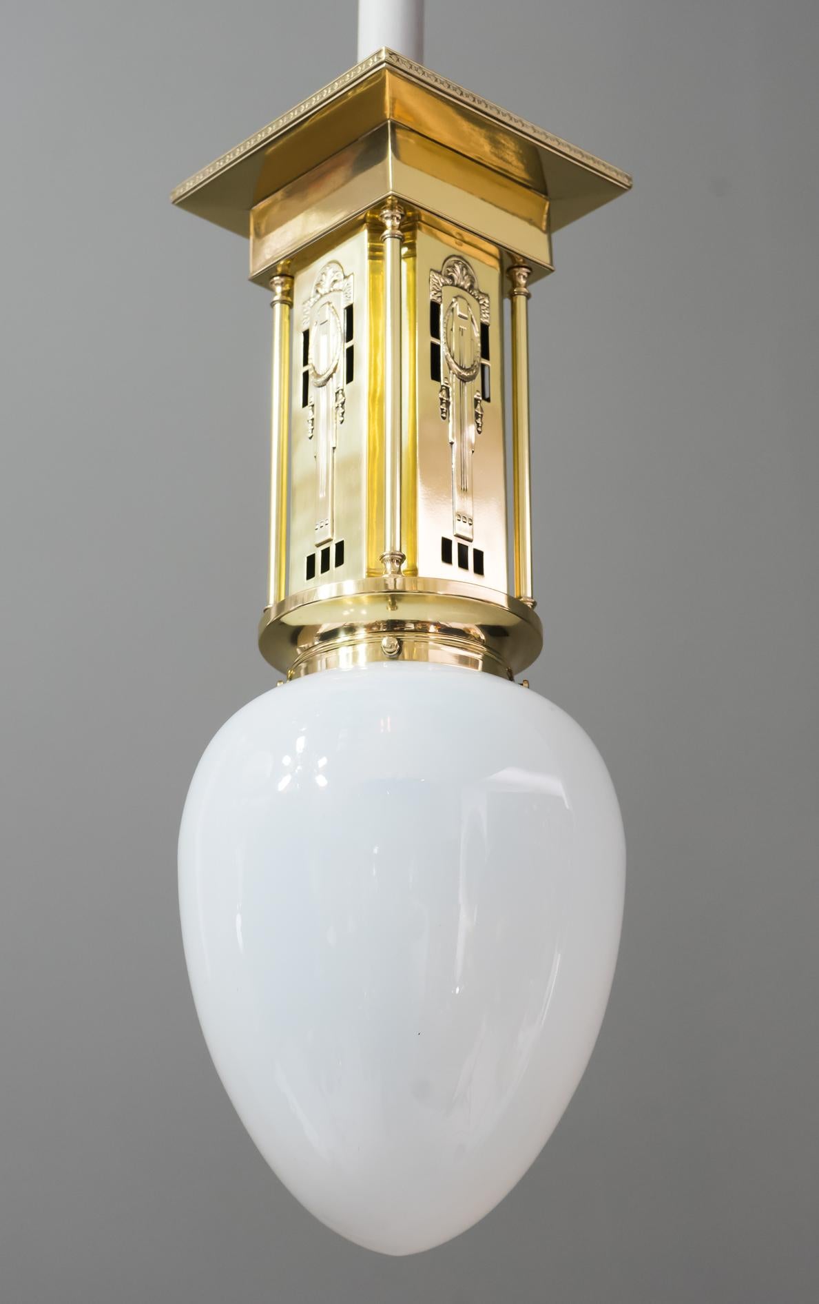 Jugendstil Ceiling Lamp with Opaline Glass Shade, circa 1910s In Good Condition In Wien, AT