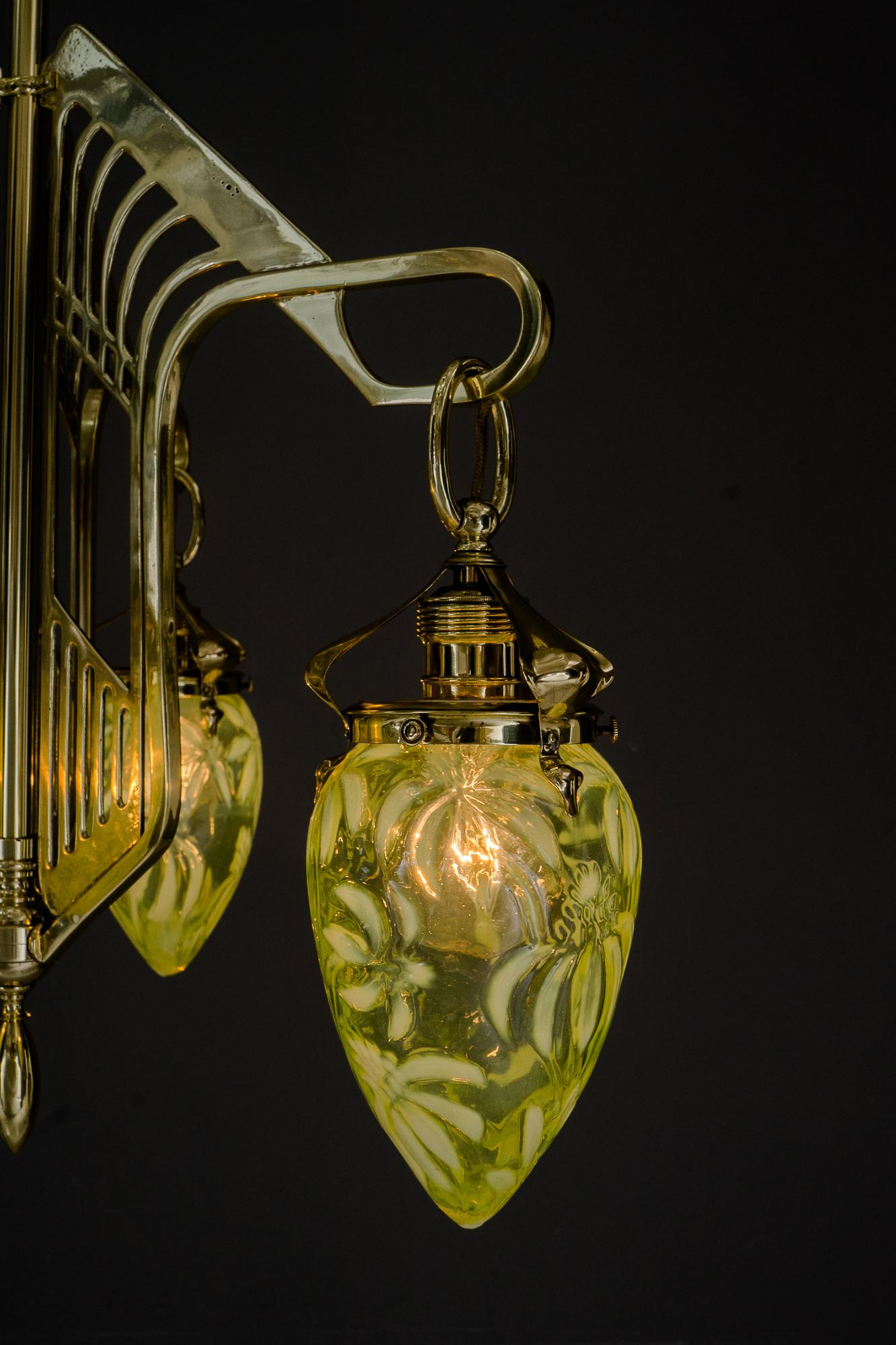 Brass Jugendstil Chandelier Vienna circa 1908 with Original Opaline Glass Shades