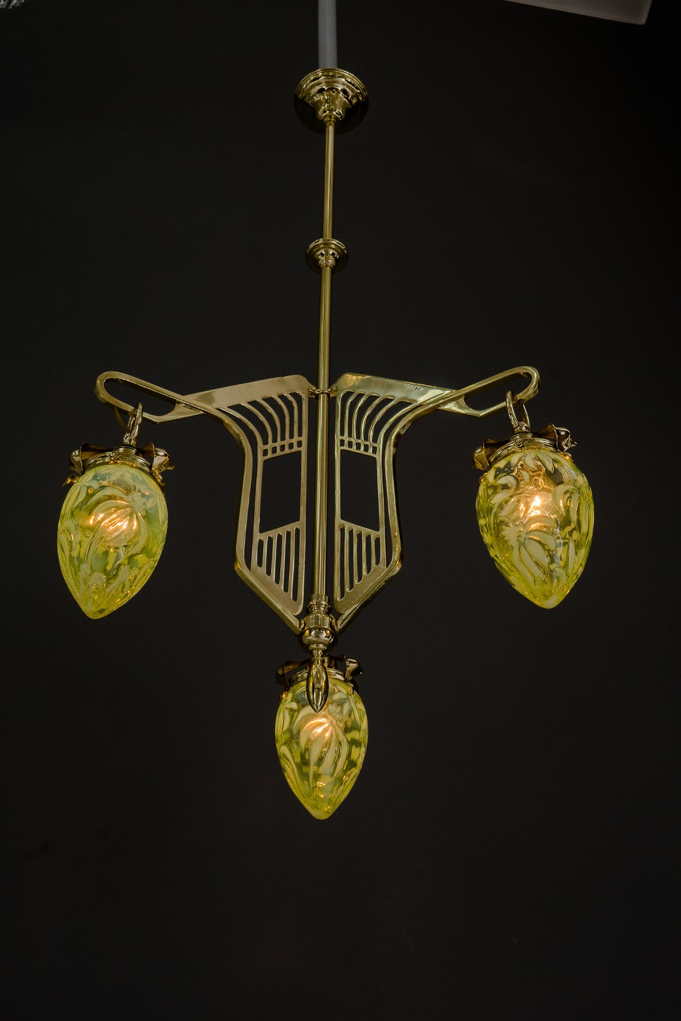 Jugendstil Chandelier Vienna circa 1908 with Original Opaline Glass Shades 1