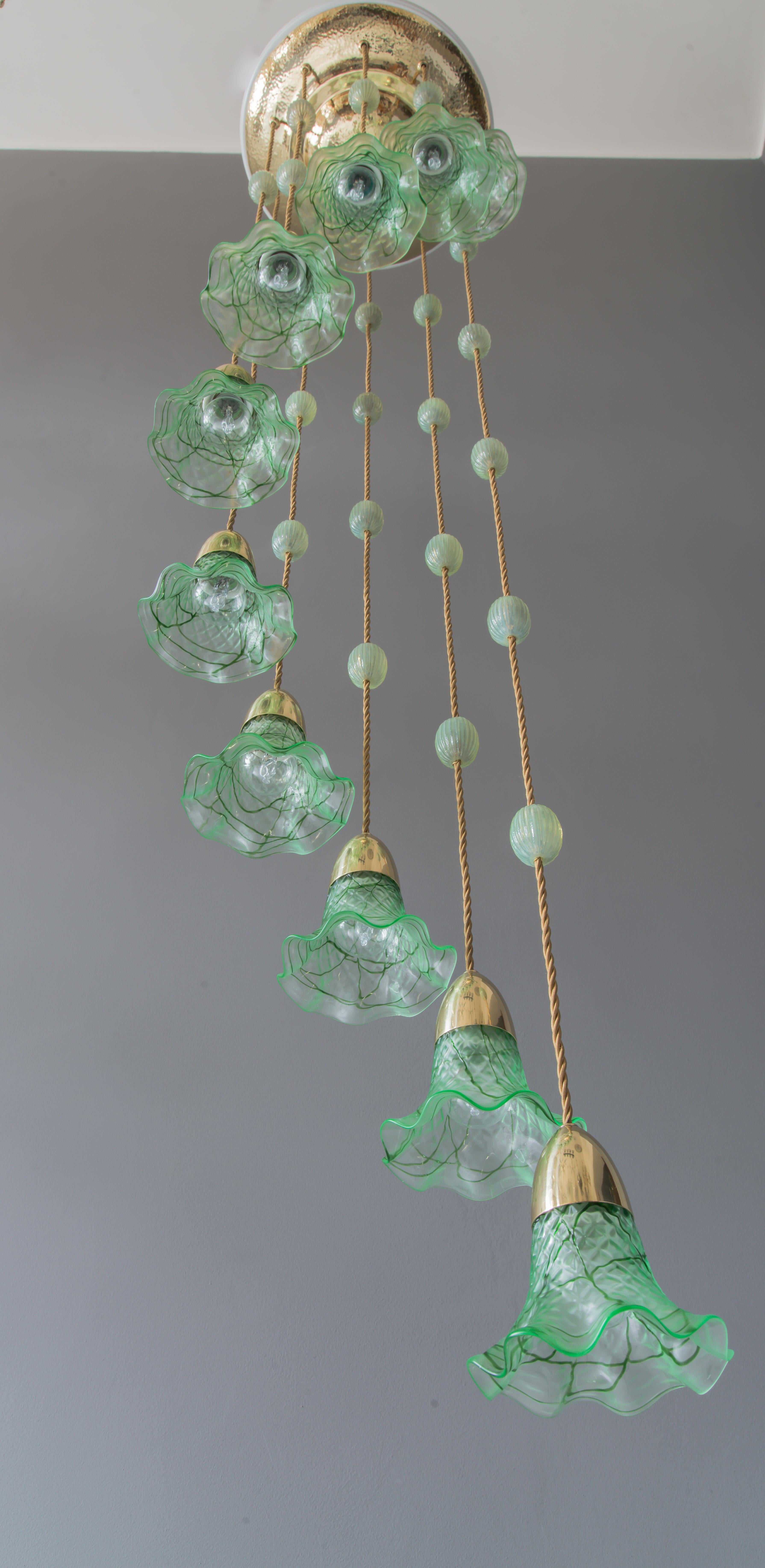 Austrian Jugendstil Chandelier Vienna circa 1910s with Original Palme König Glass Shade