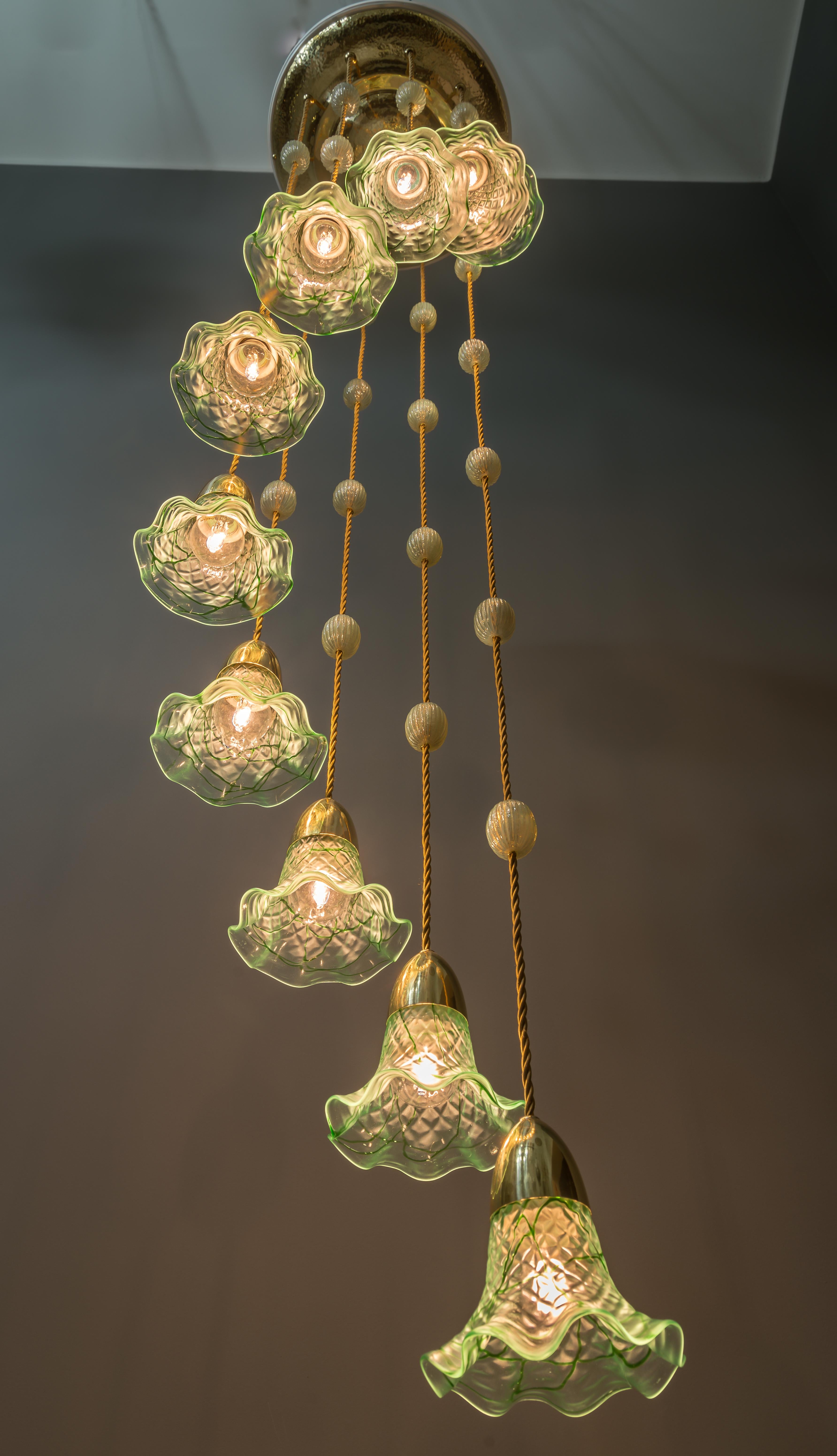 Polished Jugendstil Chandelier Vienna circa 1910s with Original Palme König Glass Shade