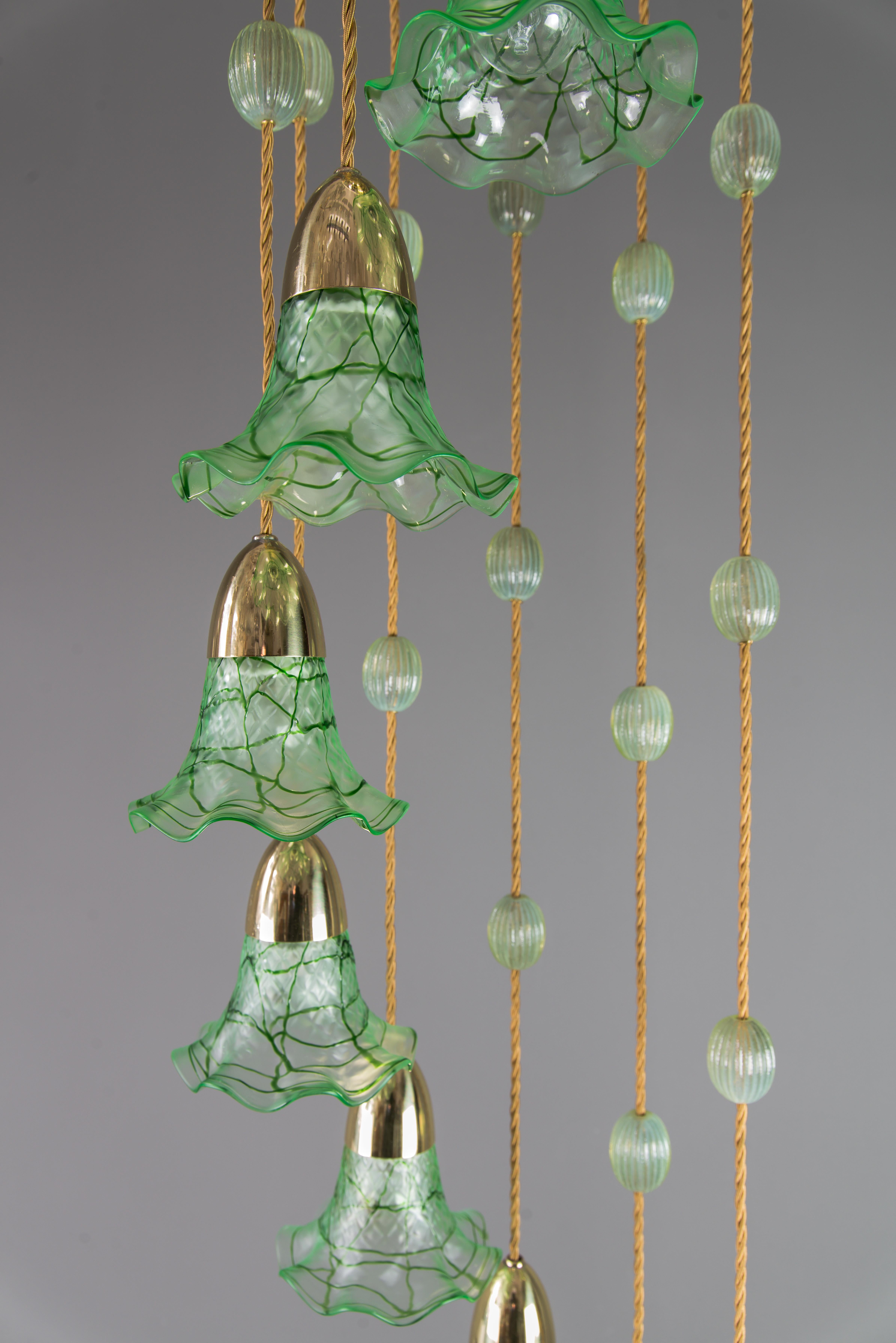 Brass Jugendstil Chandelier Vienna circa 1910s with Original Palme König Glass Shade