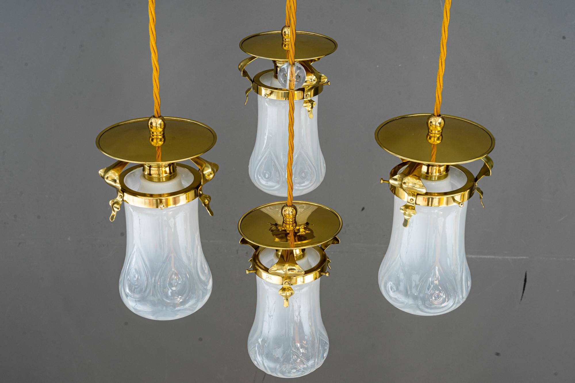 Lacquered Jugendstil Chandelier with Beautiful Opaline Glass Shades Vienna Around 1910 For Sale