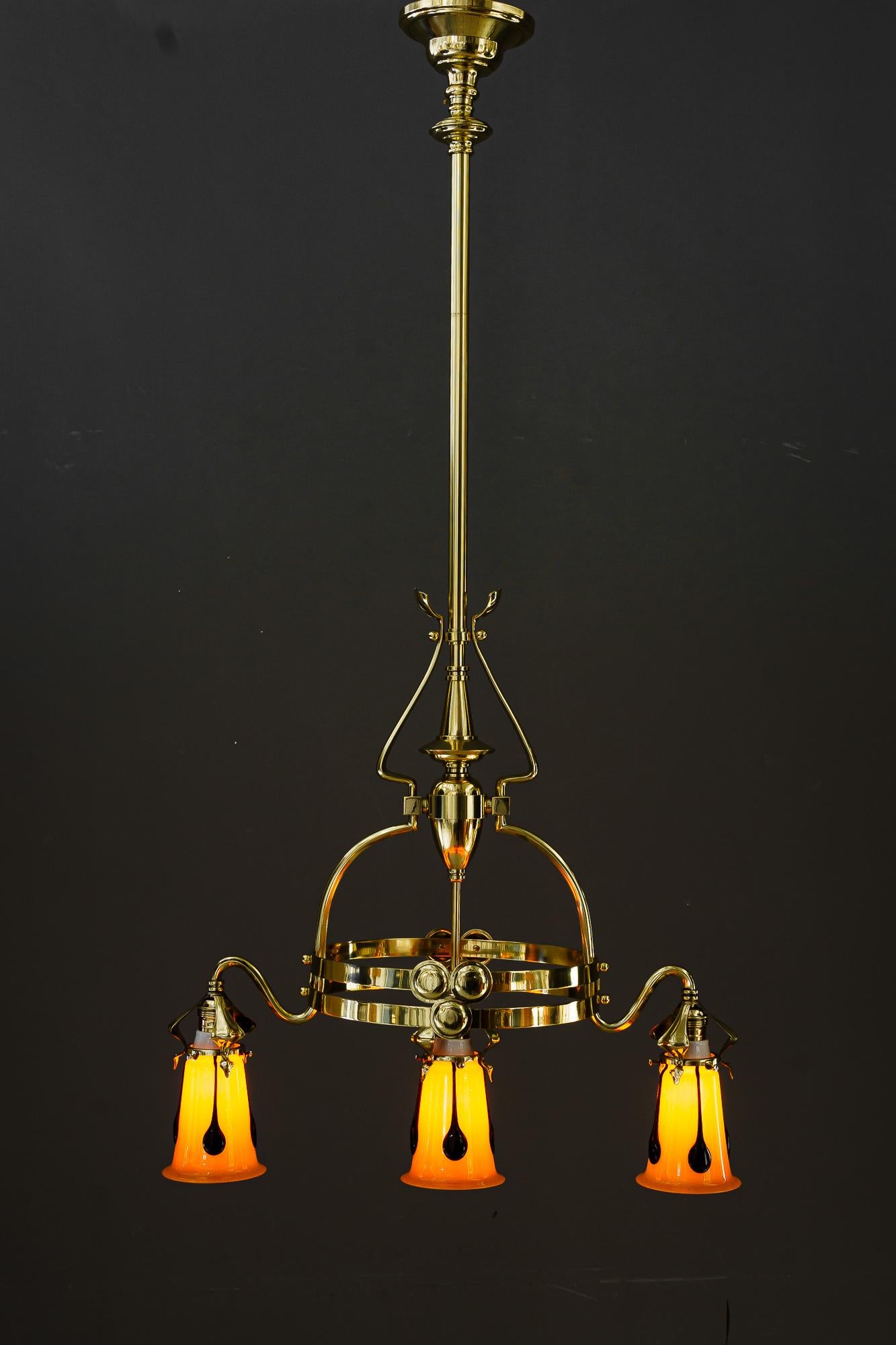 Jugendstil chandelier with loetz glass shades vienna around 1910 For Sale 3