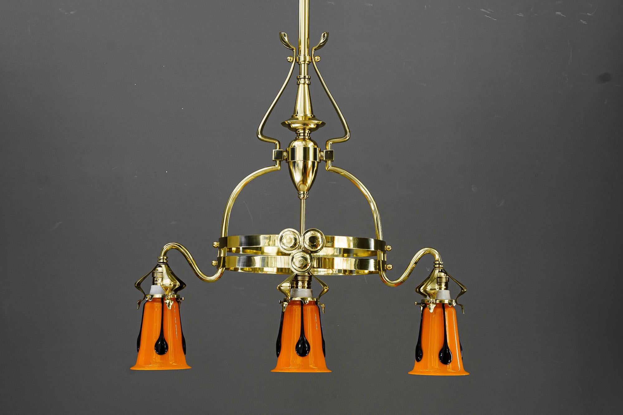 Austrian Jugendstil chandelier with loetz glass shades vienna around 1910 For Sale