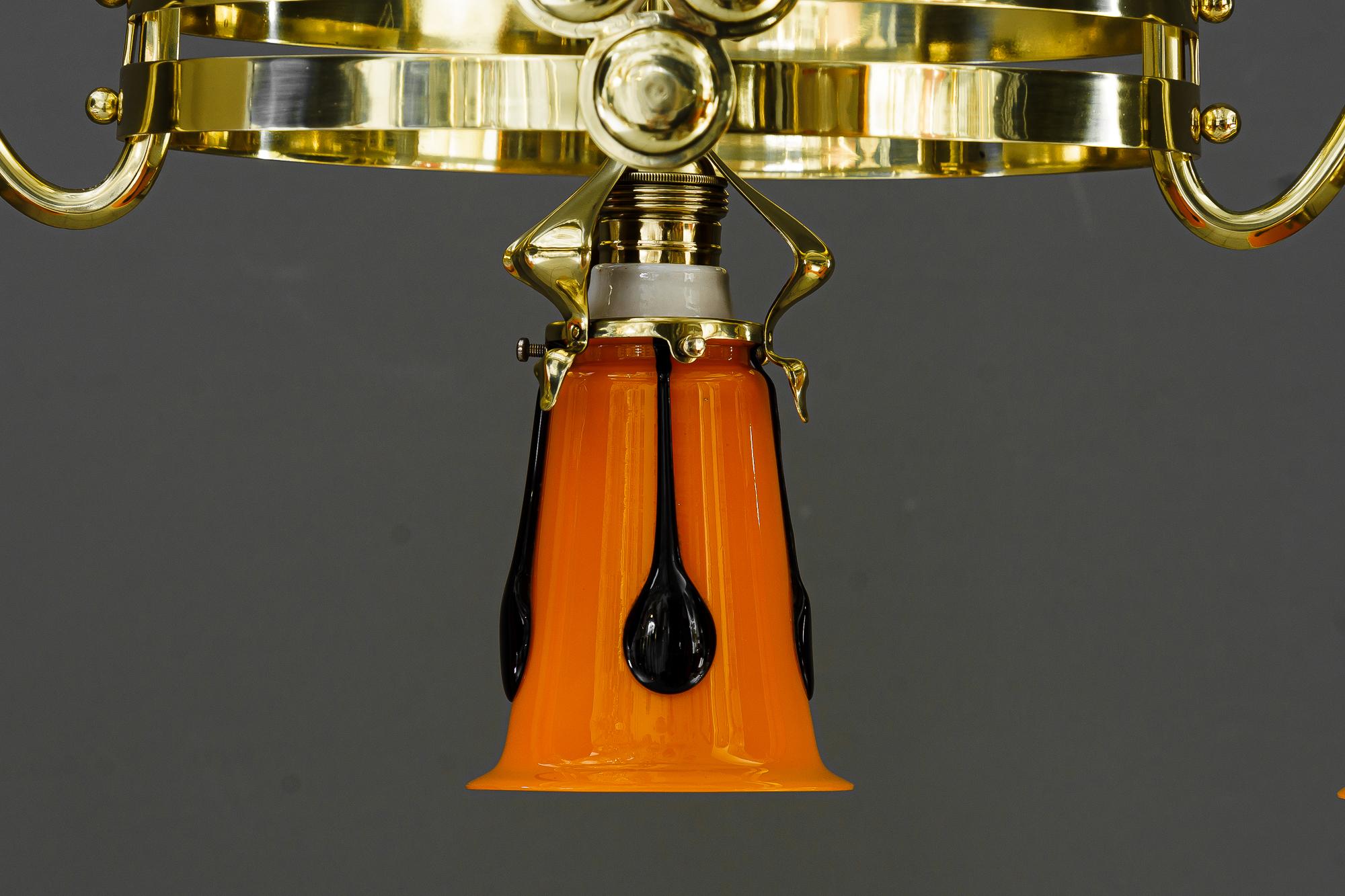 Lacquered Jugendstil chandelier with loetz glass shades vienna around 1910 For Sale
