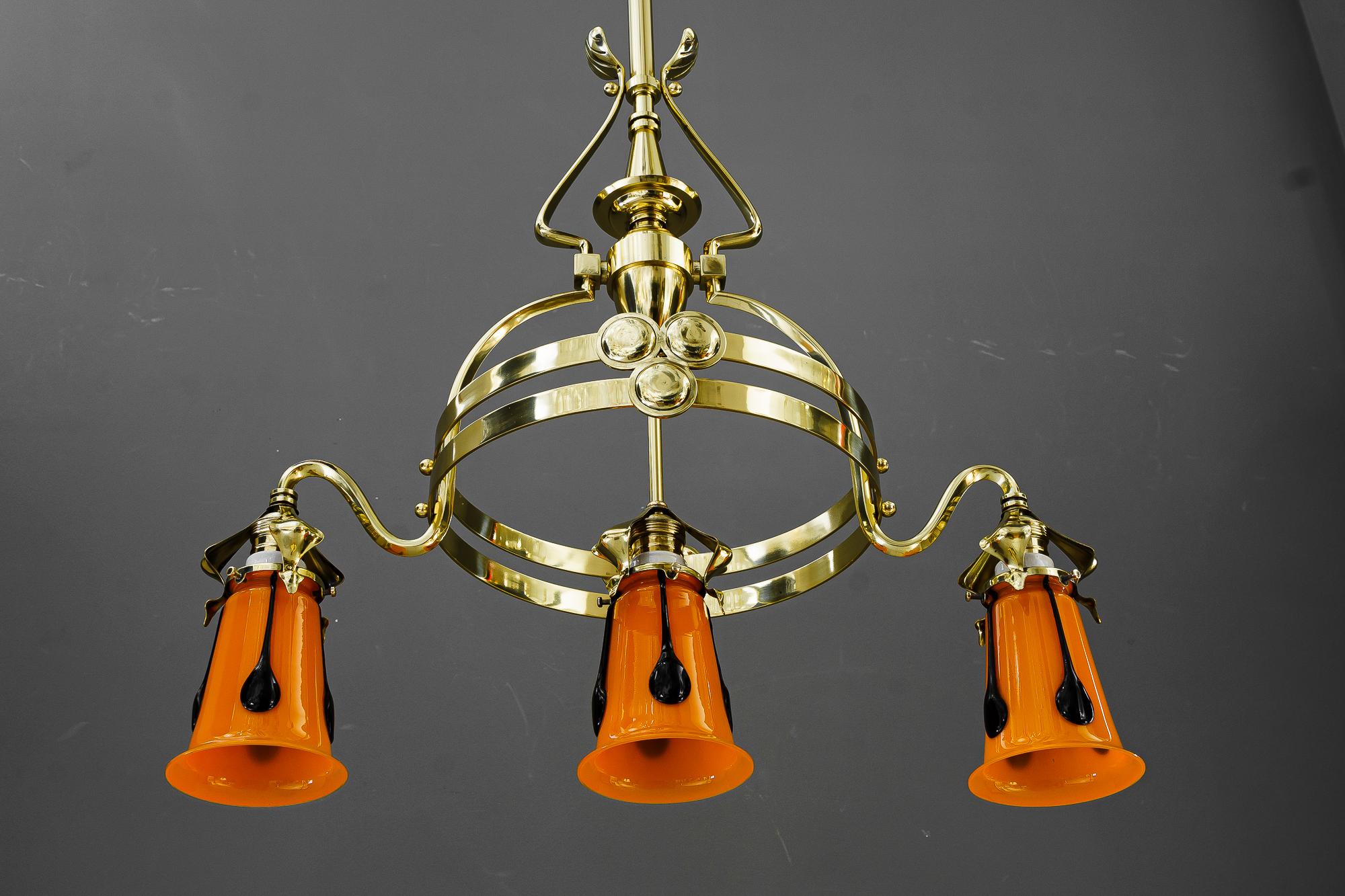 Jugendstil chandelier with loetz glass shades vienna around 1910 In Good Condition For Sale In Wien, AT