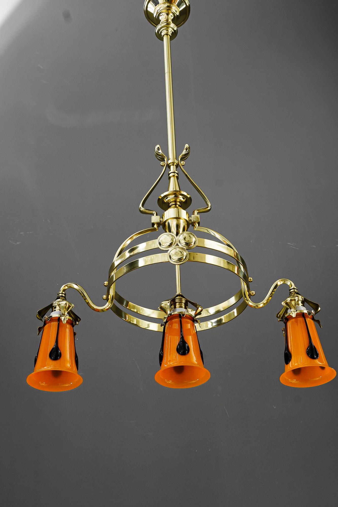 Early 20th Century Jugendstil chandelier with loetz glass shades vienna around 1910 For Sale