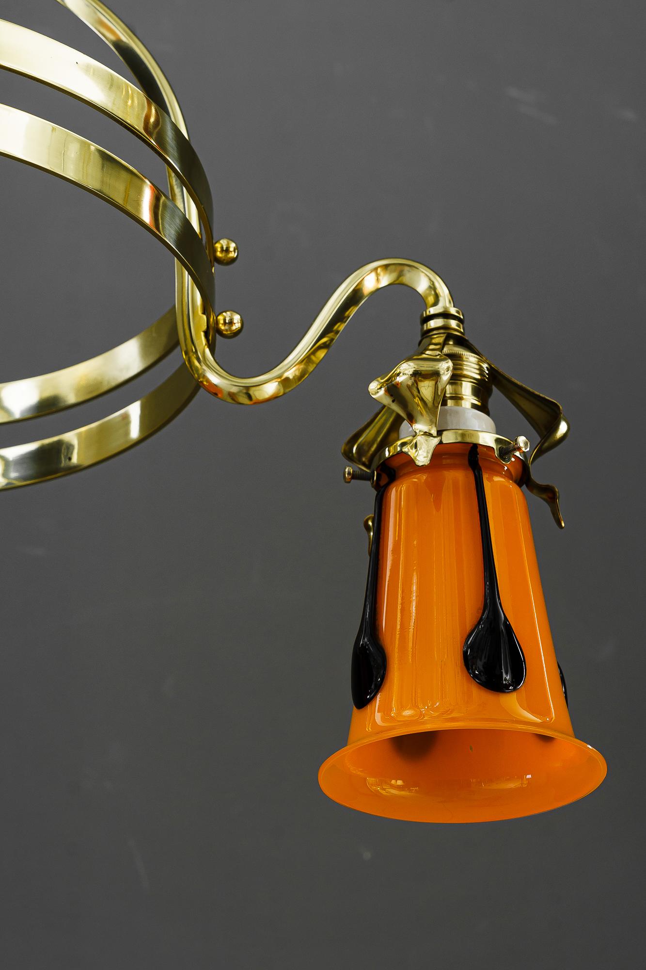 Jugendstil chandelier with loetz glass shades vienna around 1910 For Sale 2