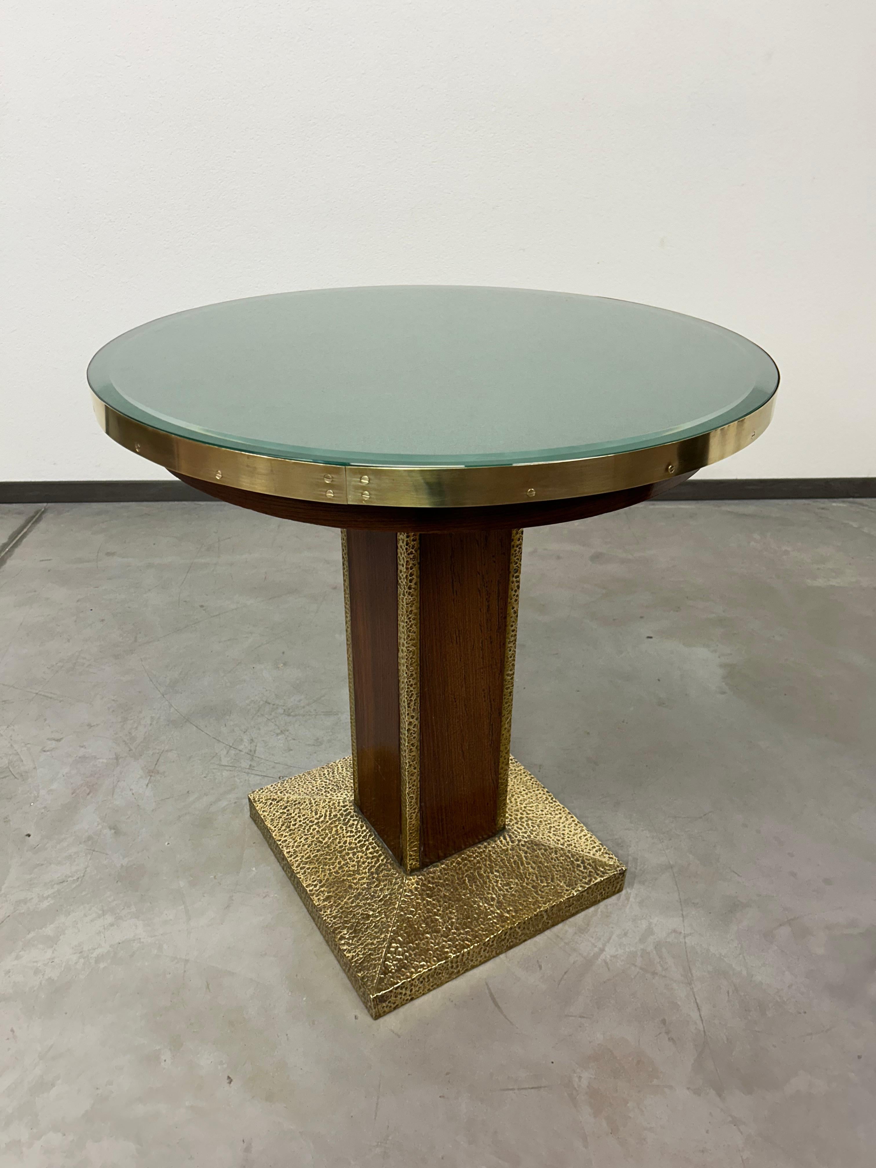 Jugendstil coffee table with brass edging with hammered decor. Professionally stained and repolished.