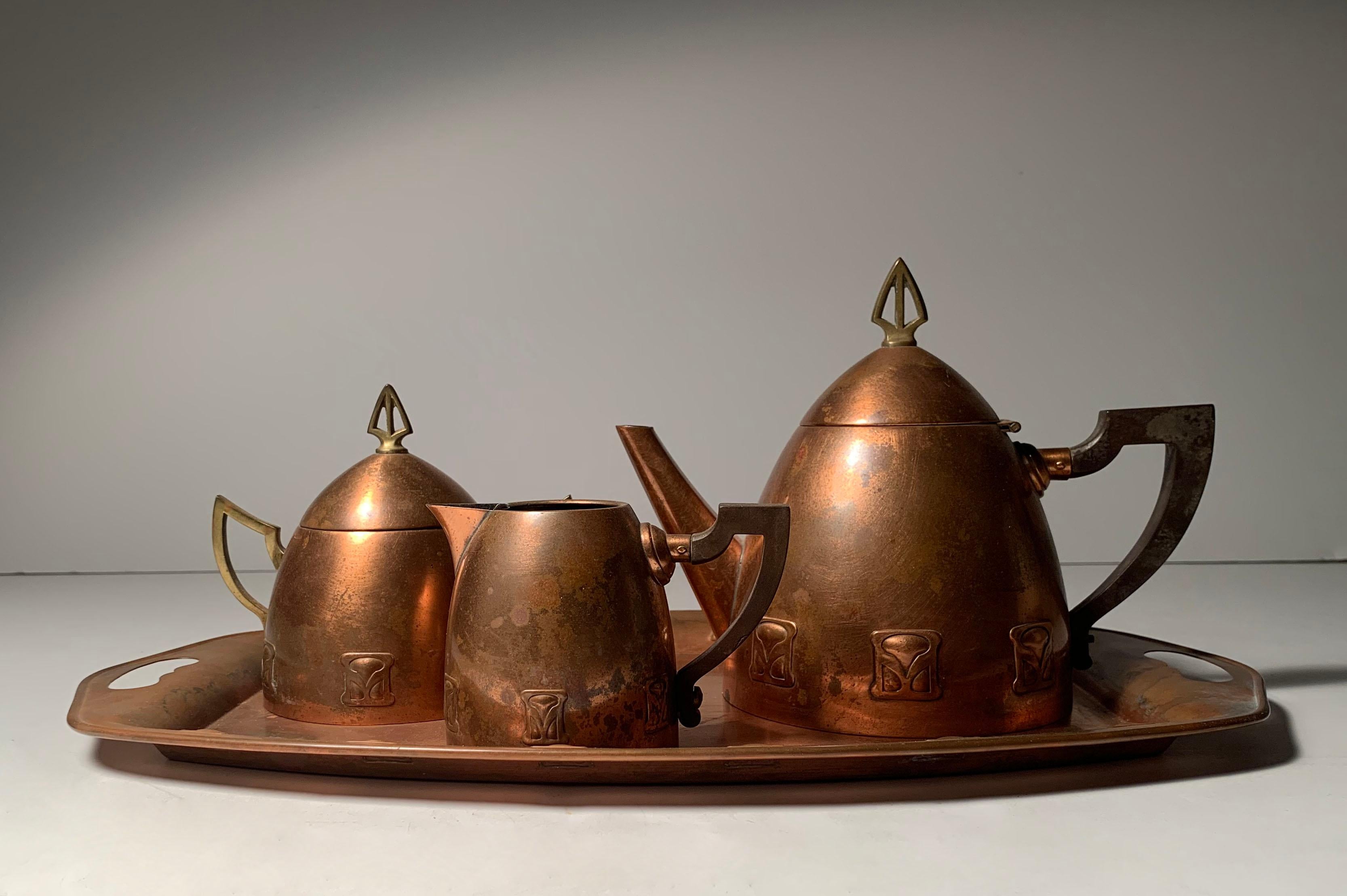Jugendstil copper and brass teapot set by Atelier Mayer for WMF, Germany, 1905-1910

Dims are of teapot alone.