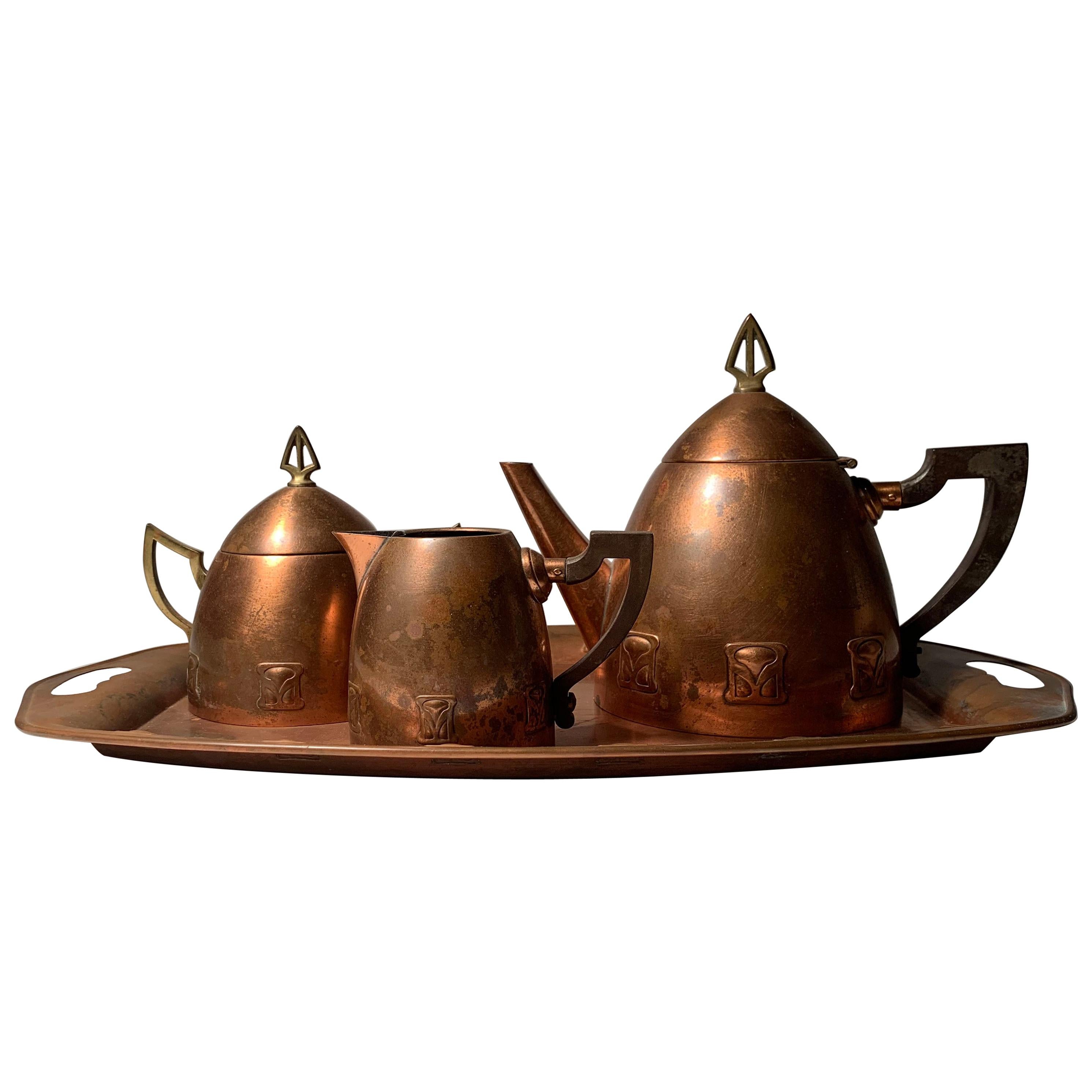 Jugendstil-Teekanne aus Kupfer und Messing des Atelier Mayer für WMF, Deutschland, 1905-1910