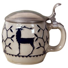 Antique Jugendstil " Deer " Beer Stein art nouveau WICK WERKE  cobalt glaze pewter lid
