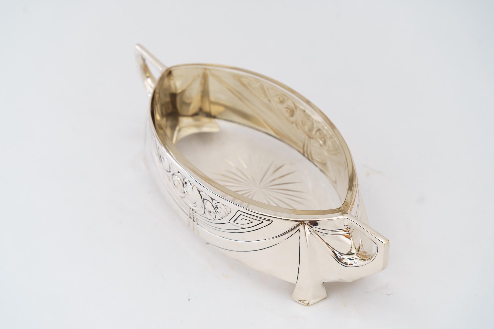 Jugendstil jugendstil fruit bowl brass silvered with original glass around 1908 For Sale