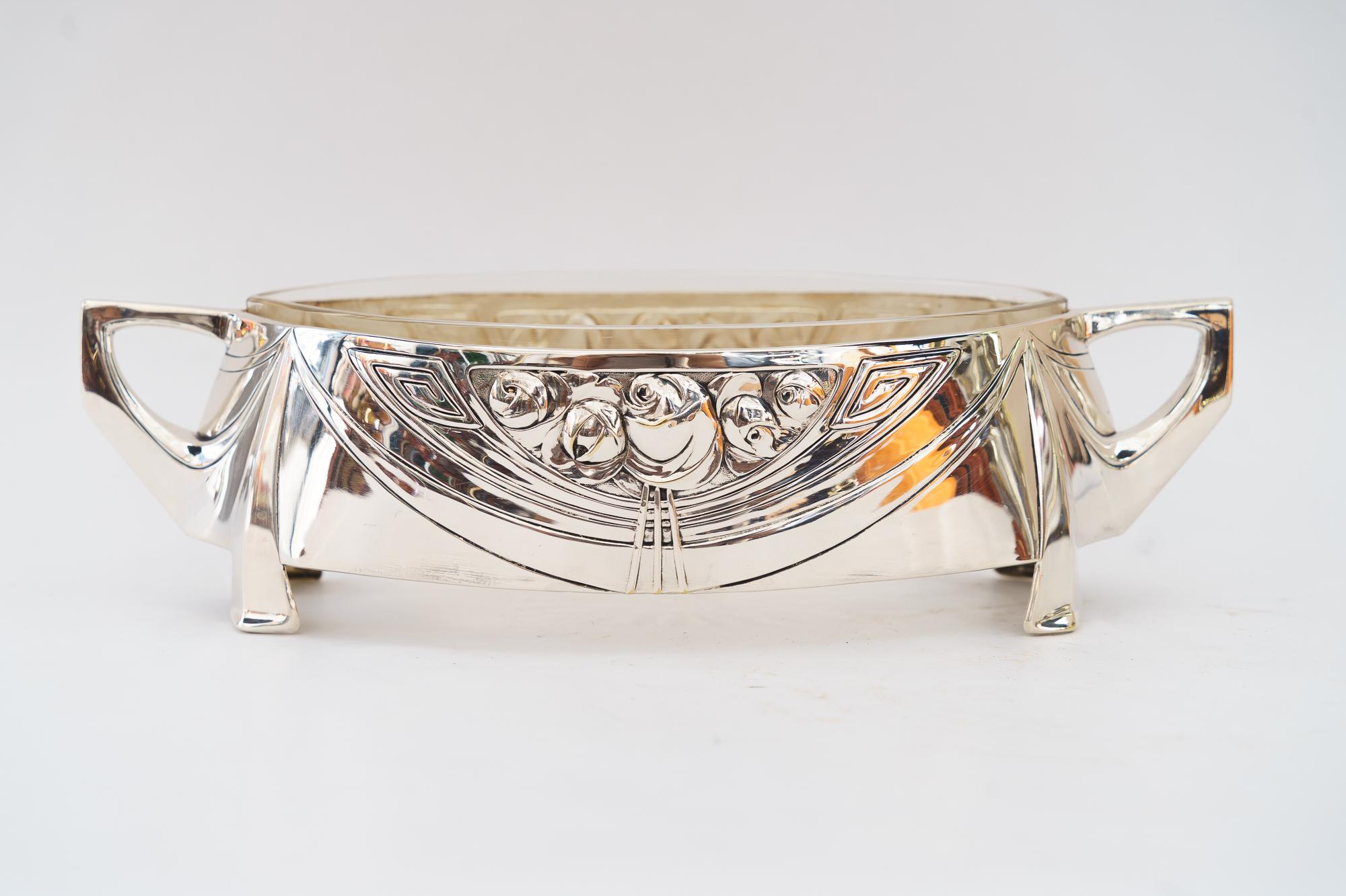 Silvered jugendstil fruit bowl brass silvered with original glass around 1908 For Sale