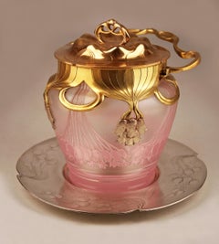 Jugendstil German Covered Glass Cookie Jar with Silvered Underplate by Orivit