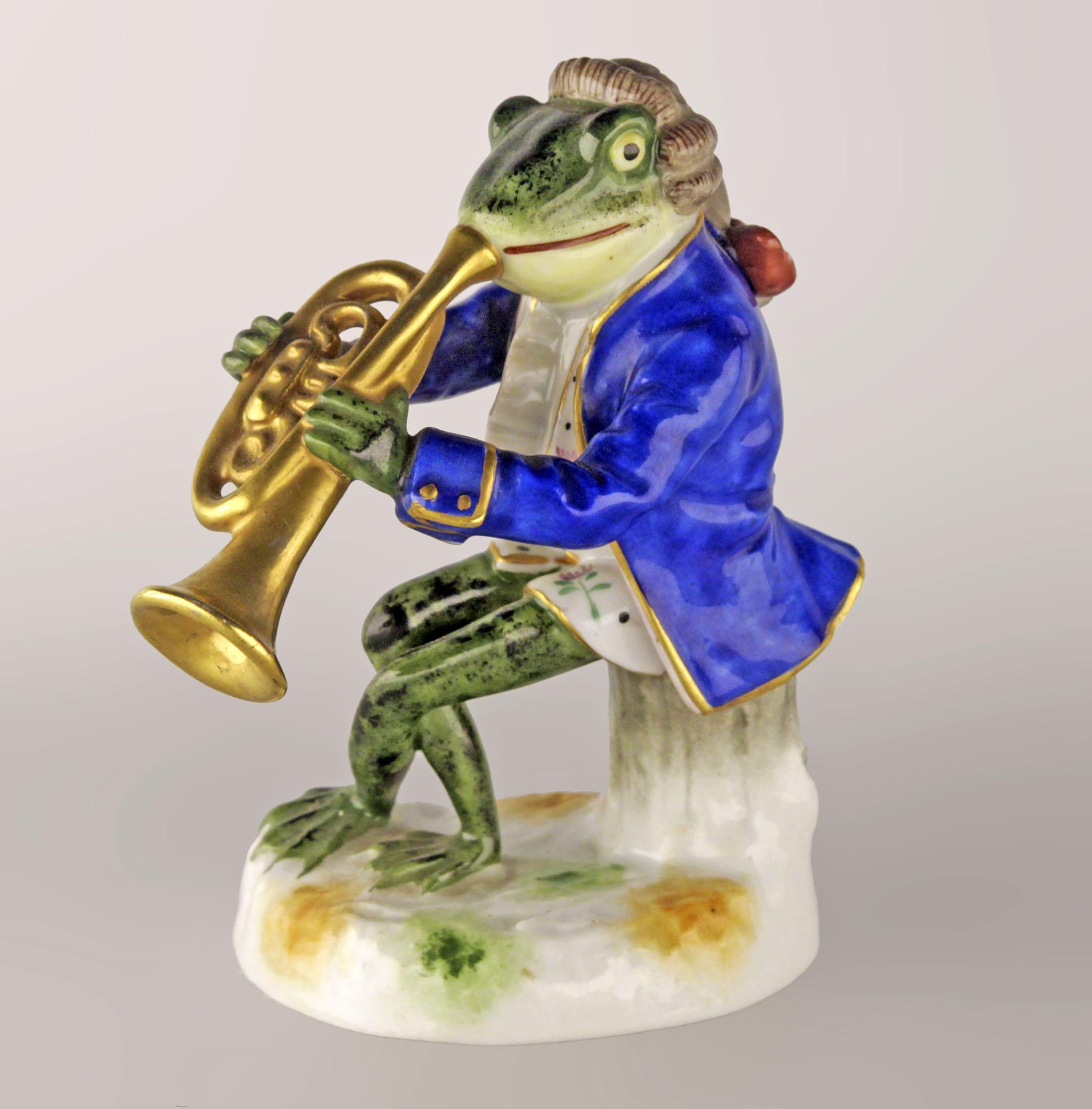 Belle Époque german glazed porcelain figurine of a brass playing frog by Goebel Company

By: Goebel Company
Material: porcelain, paint, ceramic
Technique: glazed, hand-painted, painted, molded, pressed
Dimensions: 4.5 in x 3 in x 5 in
Date: early