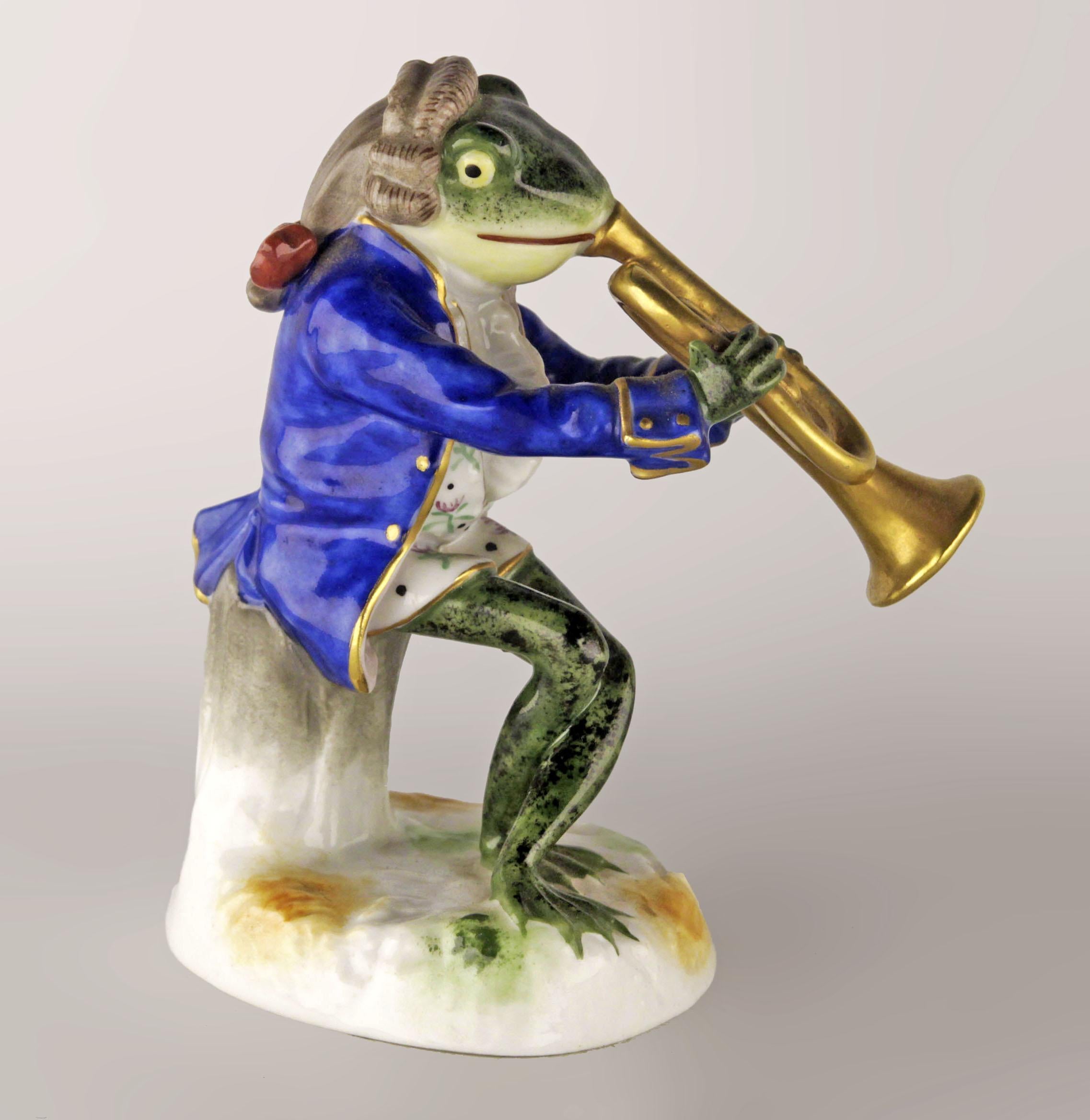 Deutsche Jugendstil-Porzellanfigur eines spielenden Froschs aus Messing von Goebel Company (Gepresst) im Angebot