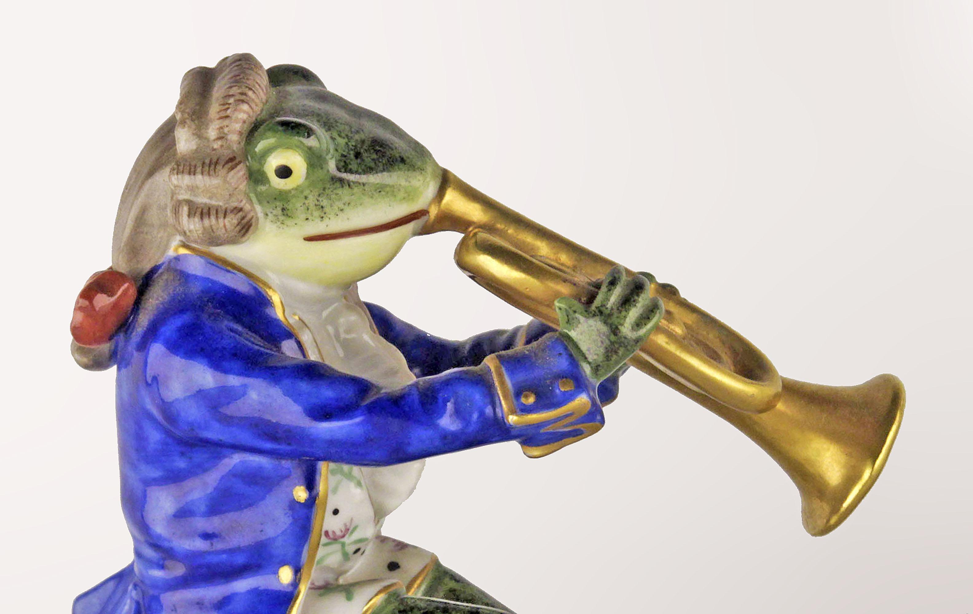 Glazed Jugendstil German Porcelain Figurine of a Brass Playing Frog by Goebel Company For Sale