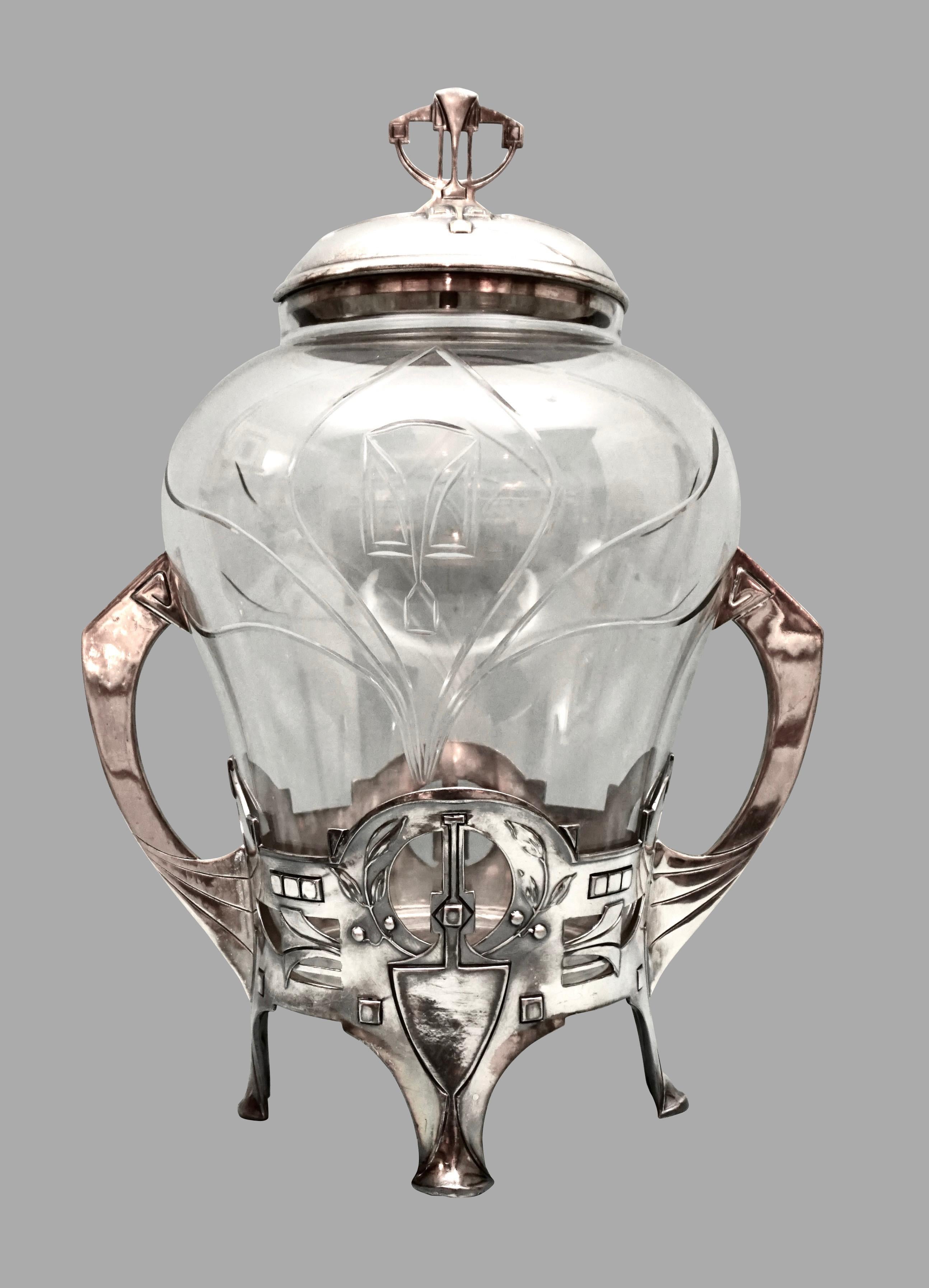 German Jugendstil Glass and Silver Plate Punch Bowl with Original Ladle
