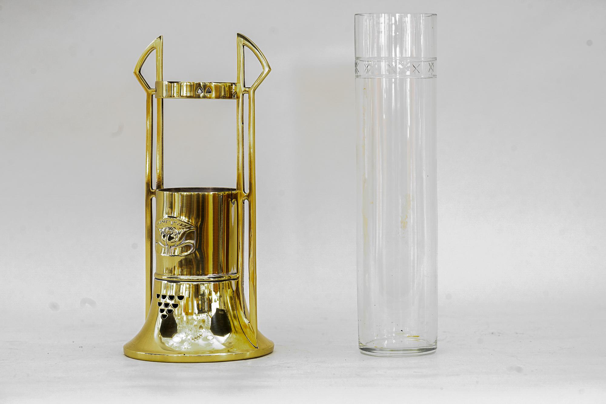 Austrian Jugendstil Glass Vase with Holder by Argentor Vienna Around 1910 For Sale