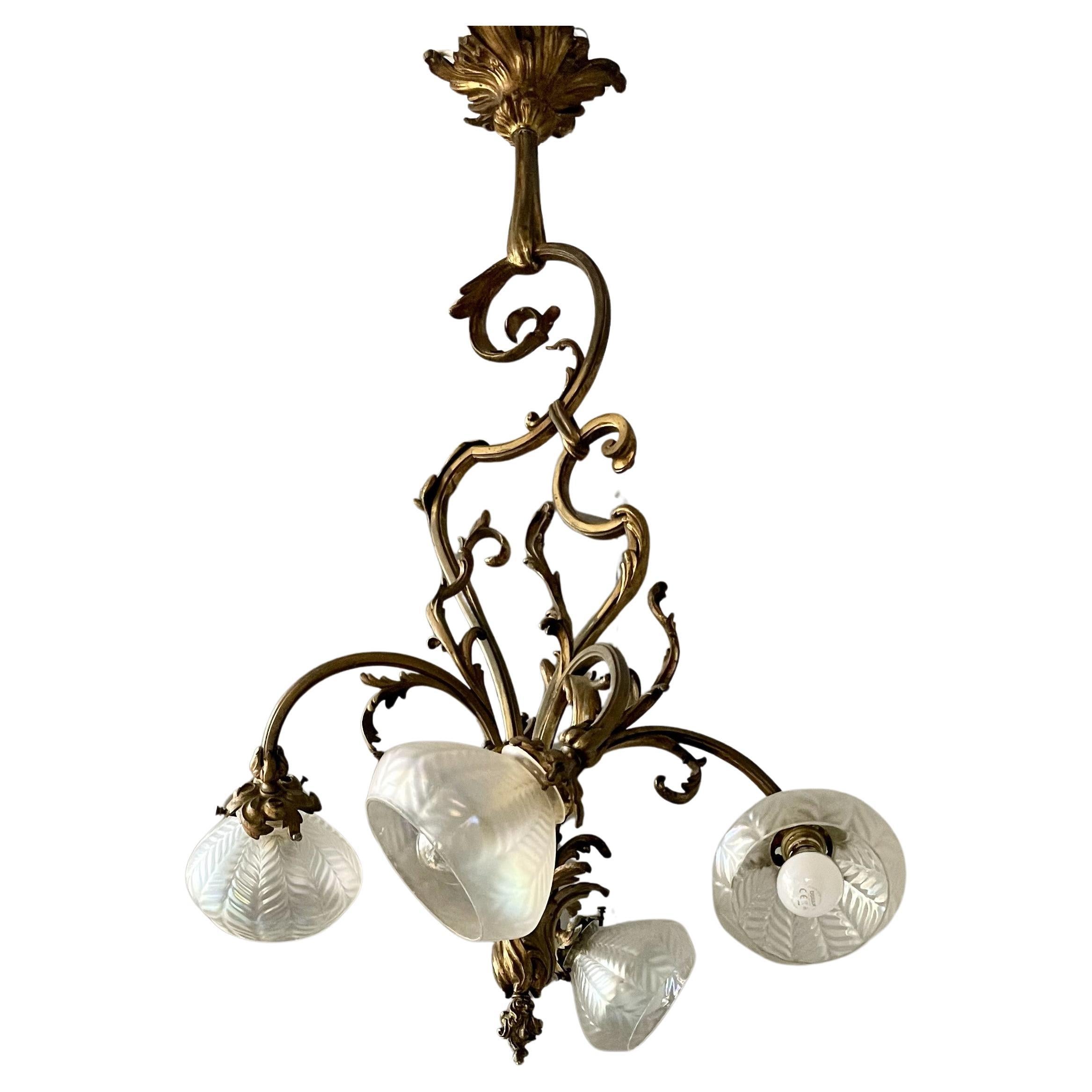 Jugendstil Golden Chandelier with Frosted Glass Shades