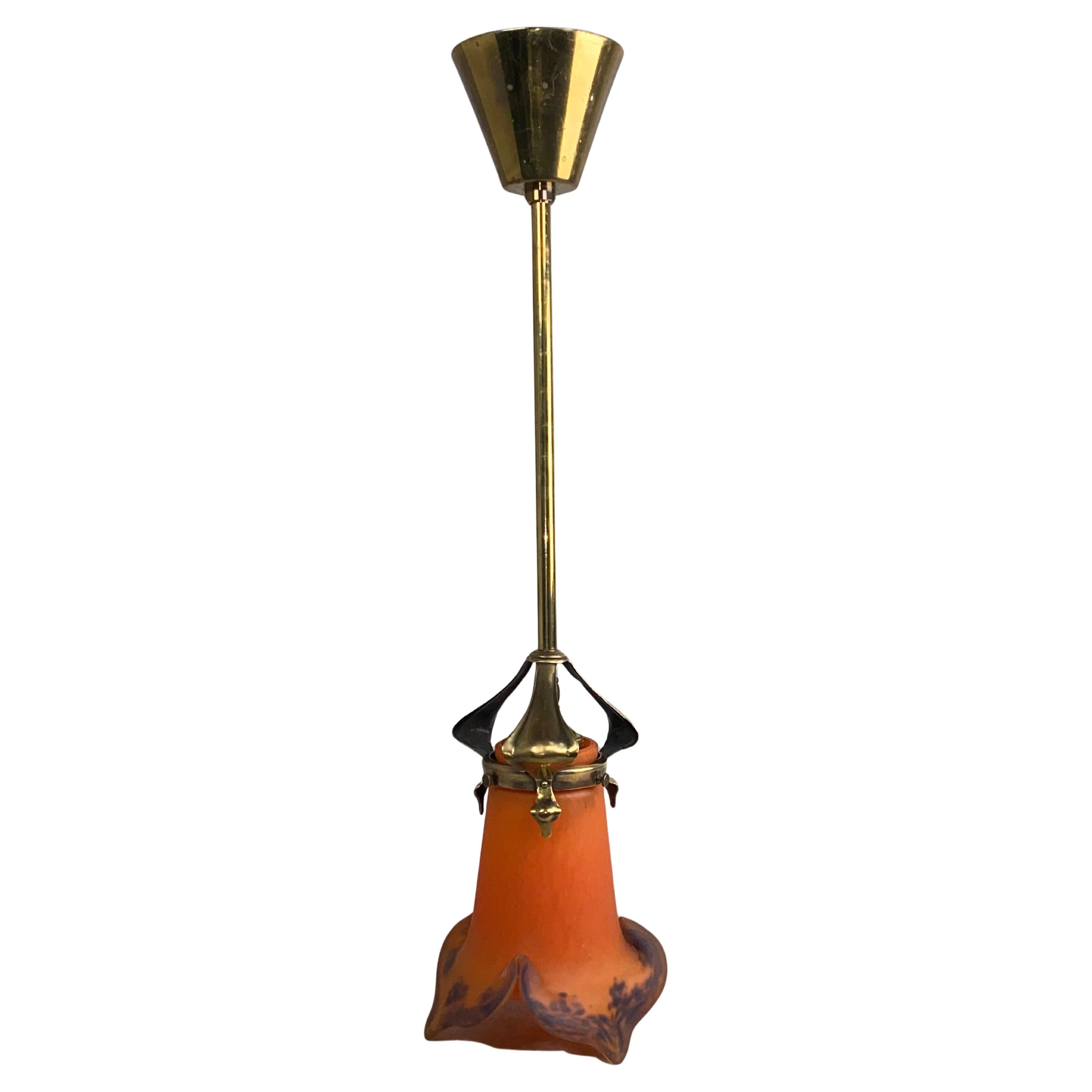 Jugendstil hanging lamp with orange lampshade by Muller Fréres For Sale