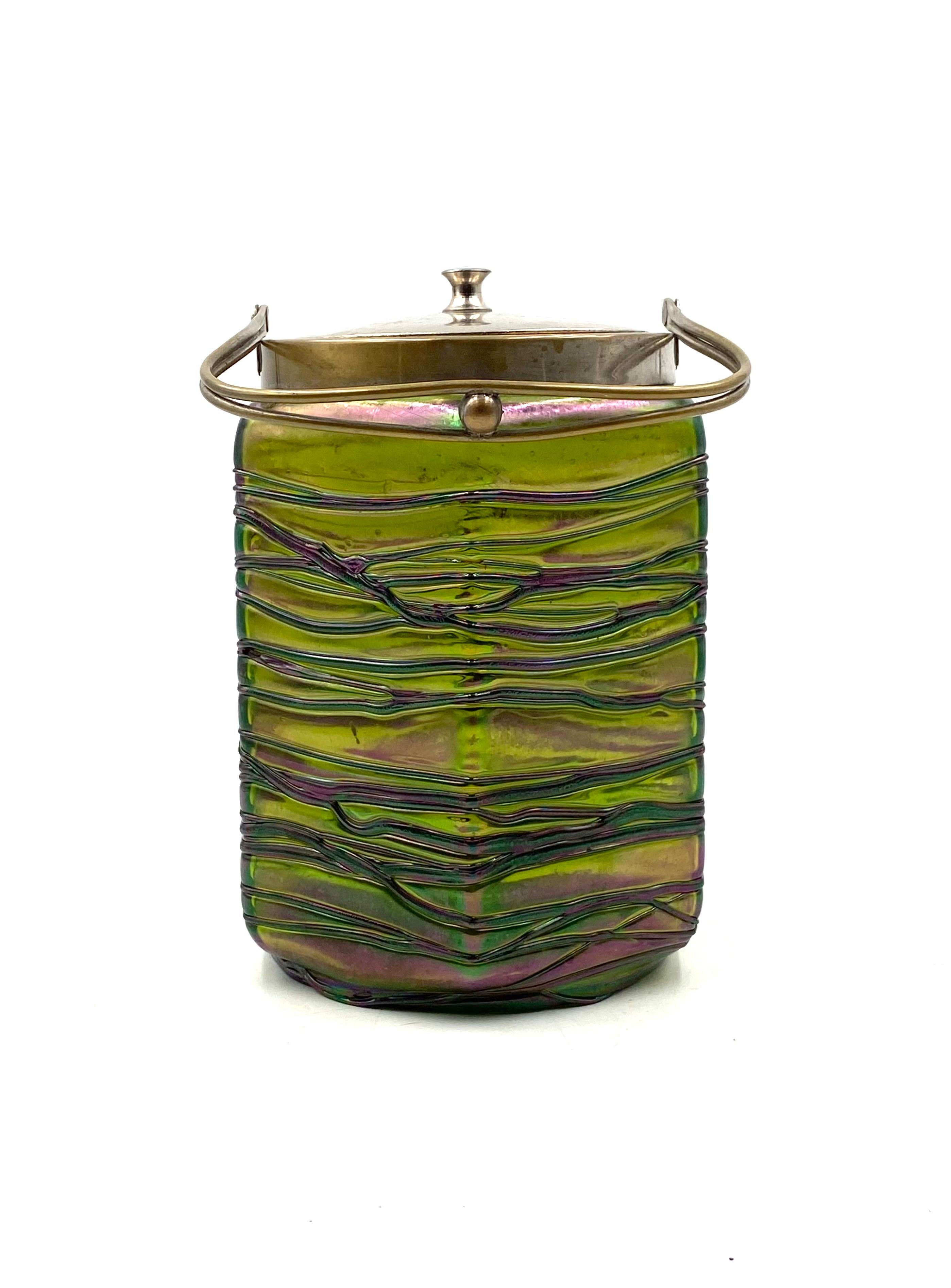 Glass Jugendstil iridescent glass cookies jar, Pallme & König Austria ca. 1910. For Sale