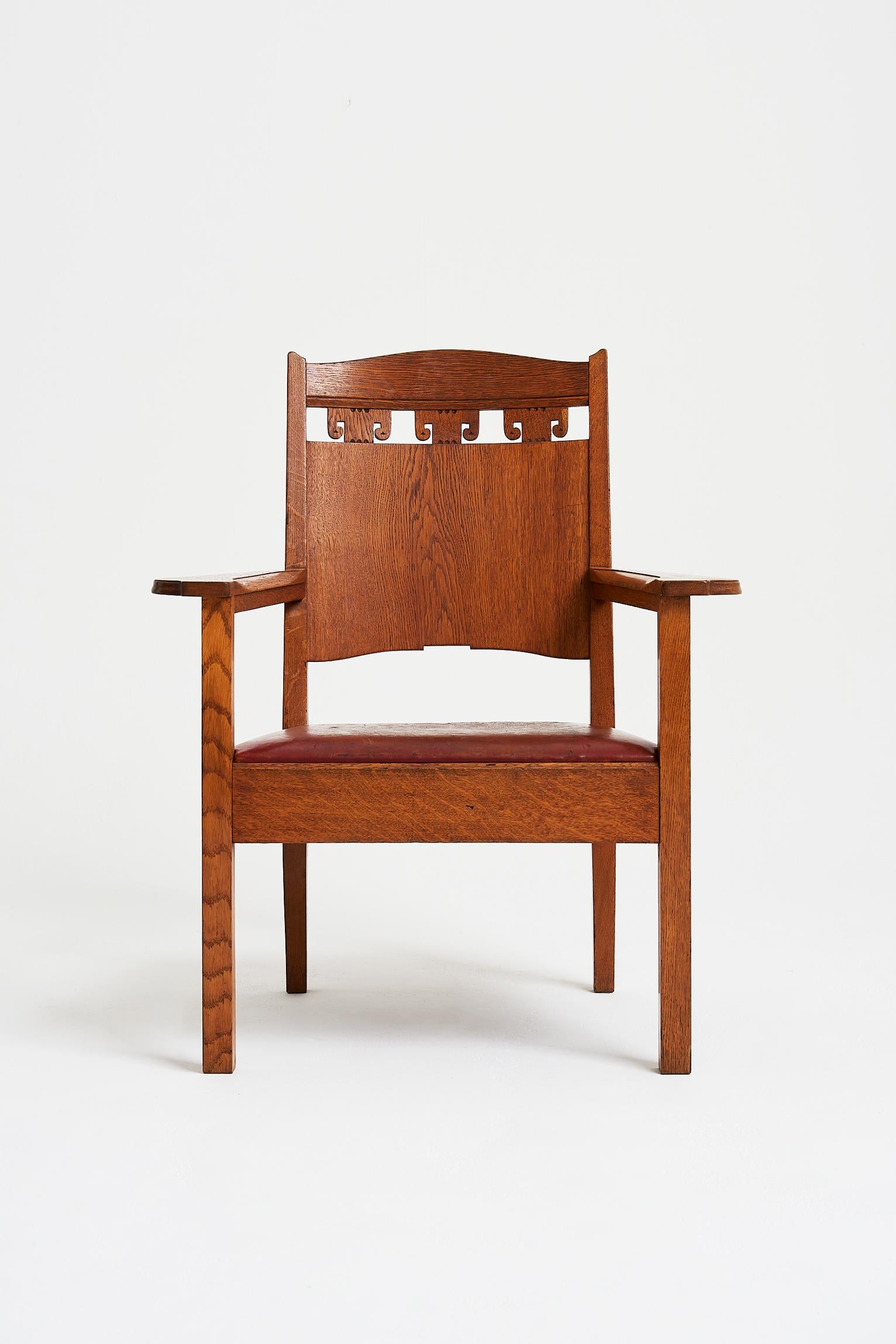 A Jugendstil (Vienna Secession period) oak and red leather armchair.
Austria, circa 1910.
 