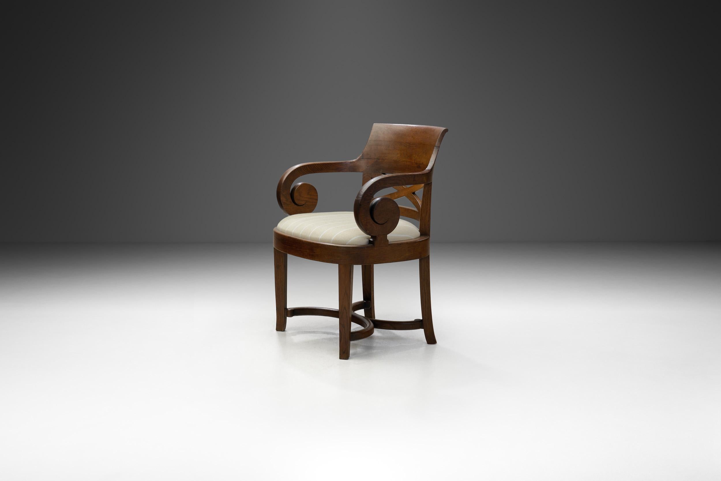 Art Nouveau is known in different languages by different names, such as “Jugendstil” (Youth Style) in German, or “Jugend” for short. The movement was often inspired by natural forms such as the sinuous curves of plants and flowers. This armchair is
