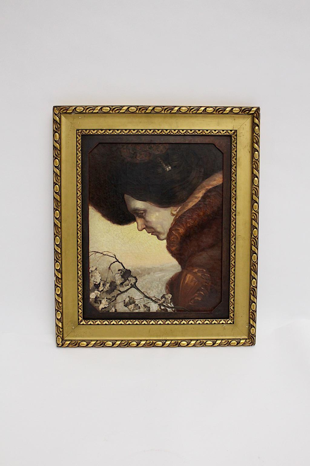 Portrait féminin vintage Jugendstil, huile sur toile d'Emil Fiala, Vienne, 1919.
Cette peinture poétique à l'huile sur toile représente un portrait féminin avec chapeau de la femme du peintre, Betty, à la fin de l'automne. 
Cette peinture étonnante