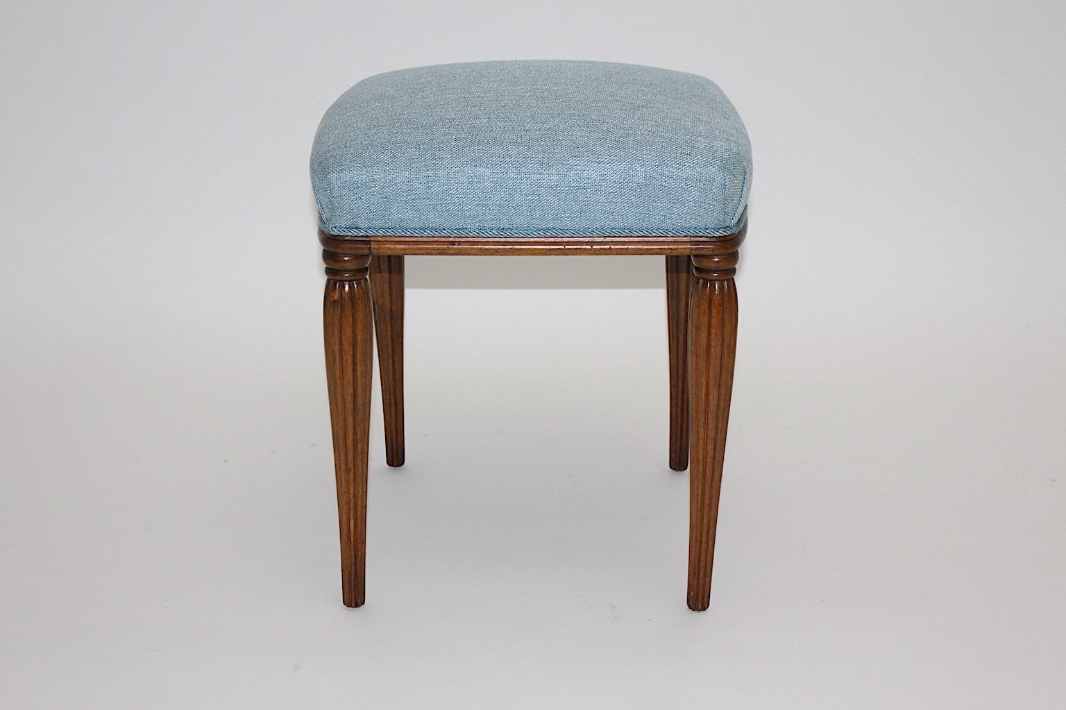 Austrian Jugendstil Walnut Blue Upholstery Otto Prutscher Vintage Stool Vienna circa 1900 For Sale