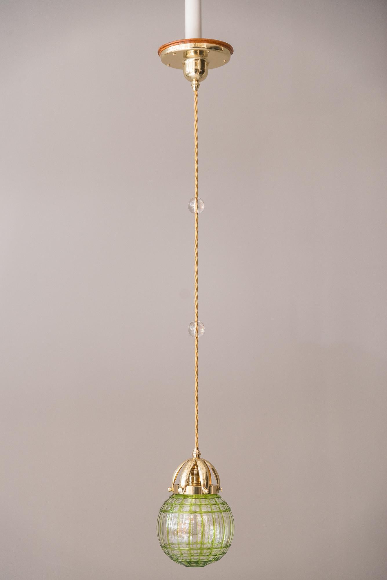 Jugendstil Pendant Vienna, circa 1907
Glass attributed to Otto Prutscher Meyr's Neffe
Brass parts polished and stove enameled
Very rare pendant.
We can change the height as desired.