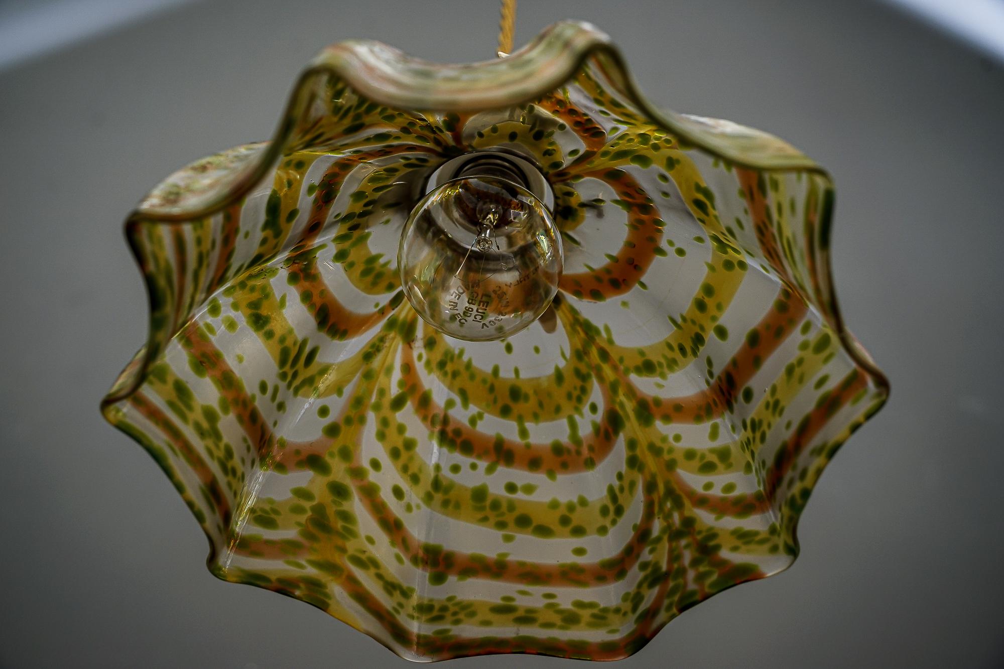 Lacquered Jugendstil Pendant Vienna Around 1907 with Loetz Glass Shade For Sale