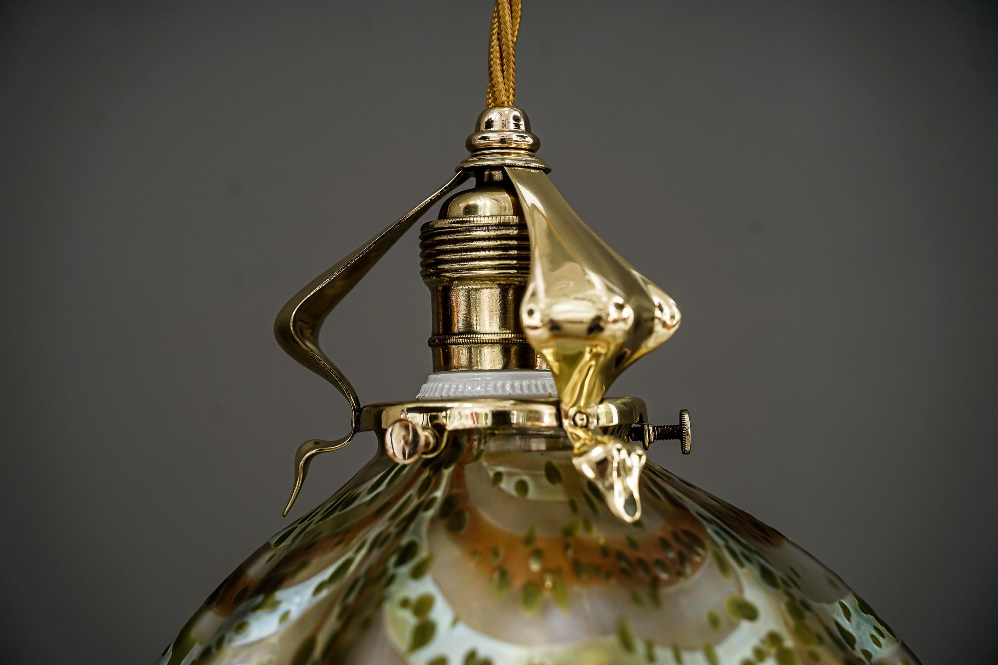 Brass Jugendstil Pendant Vienna Around 1907 with Loetz Glass Shade For Sale