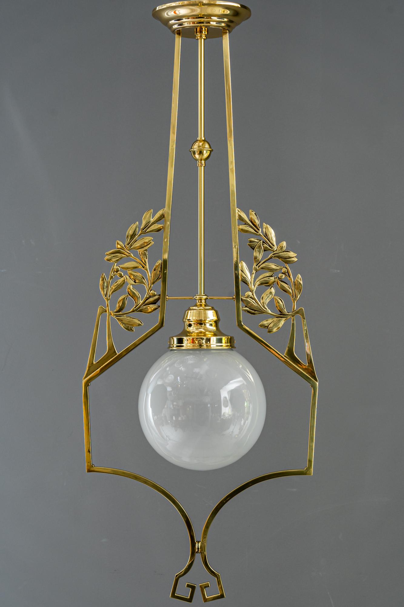 Jugendstil pendant Vienna around 1909
Original old glass shade 
Polished and stove enamelled.