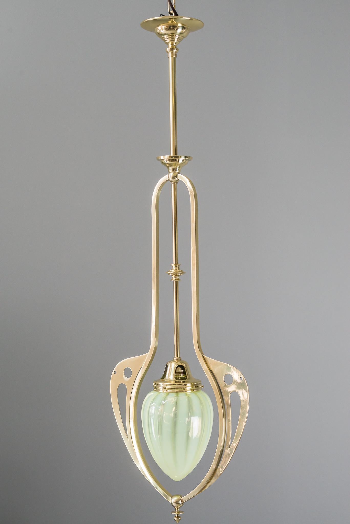 Lacquered Jugendstil Pendant Vienna circa 1909 with Original Green Opaline Glass