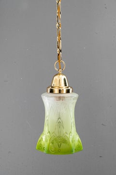 Jugendstil Pendelleuchte mit grünem Glasschirm wien um 1908