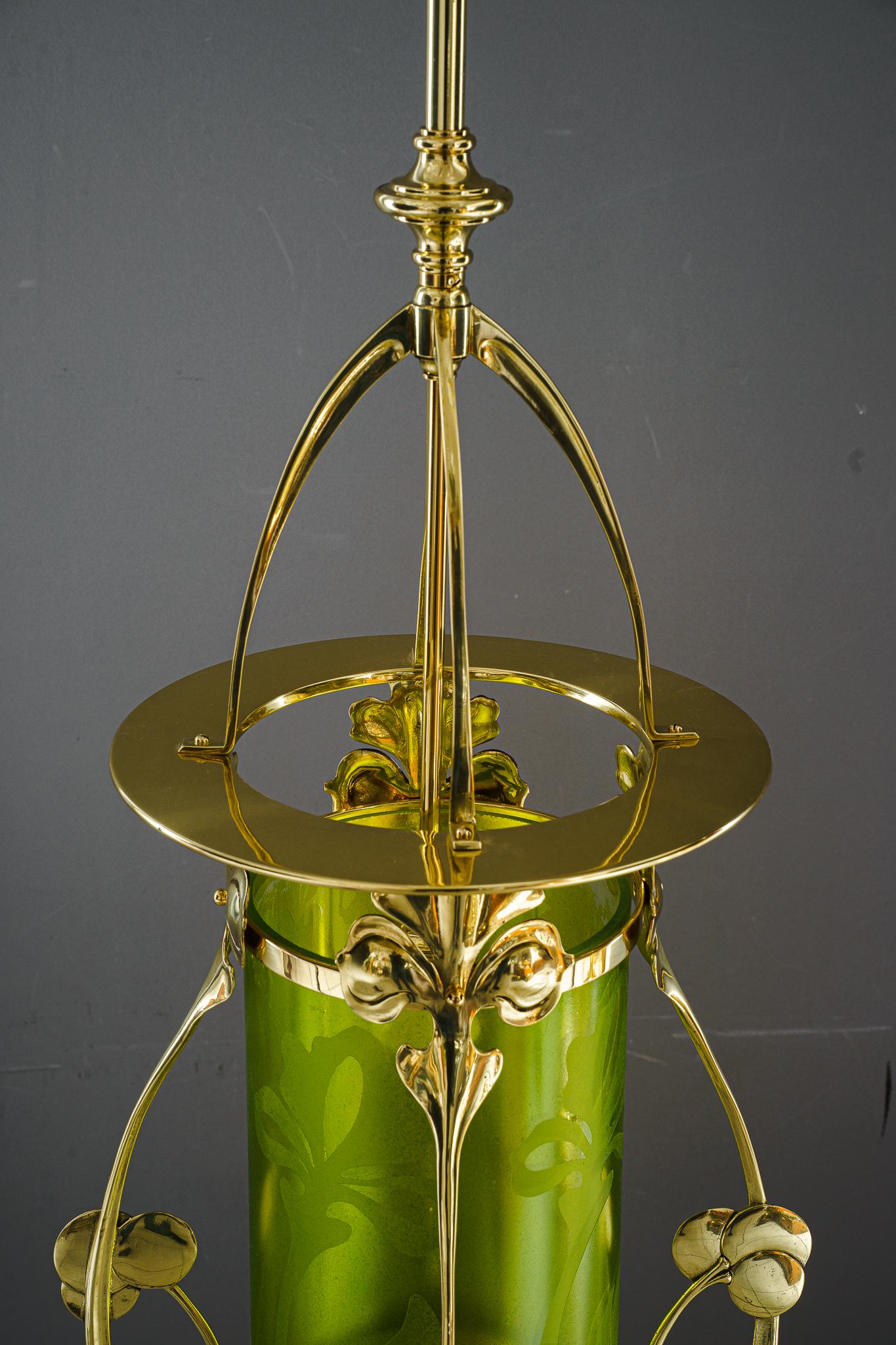 Austrian Jugendstil Pendant with hand painted glass shade vienna around 1908 For Sale