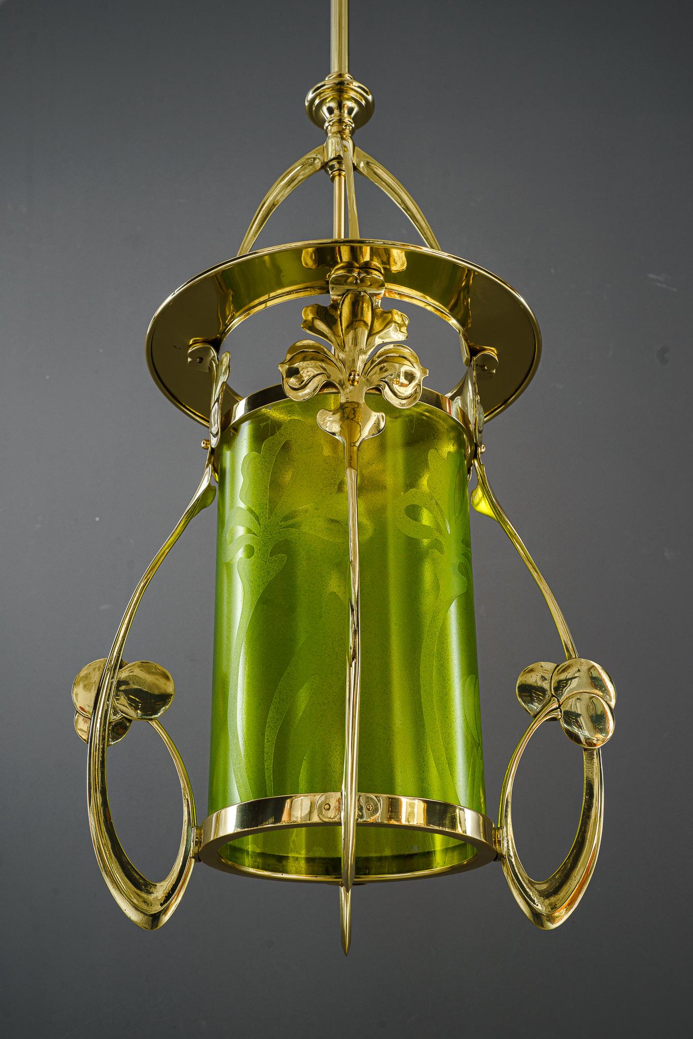 Lacquered Jugendstil Pendant with hand painted glass shade vienna around 1908 For Sale