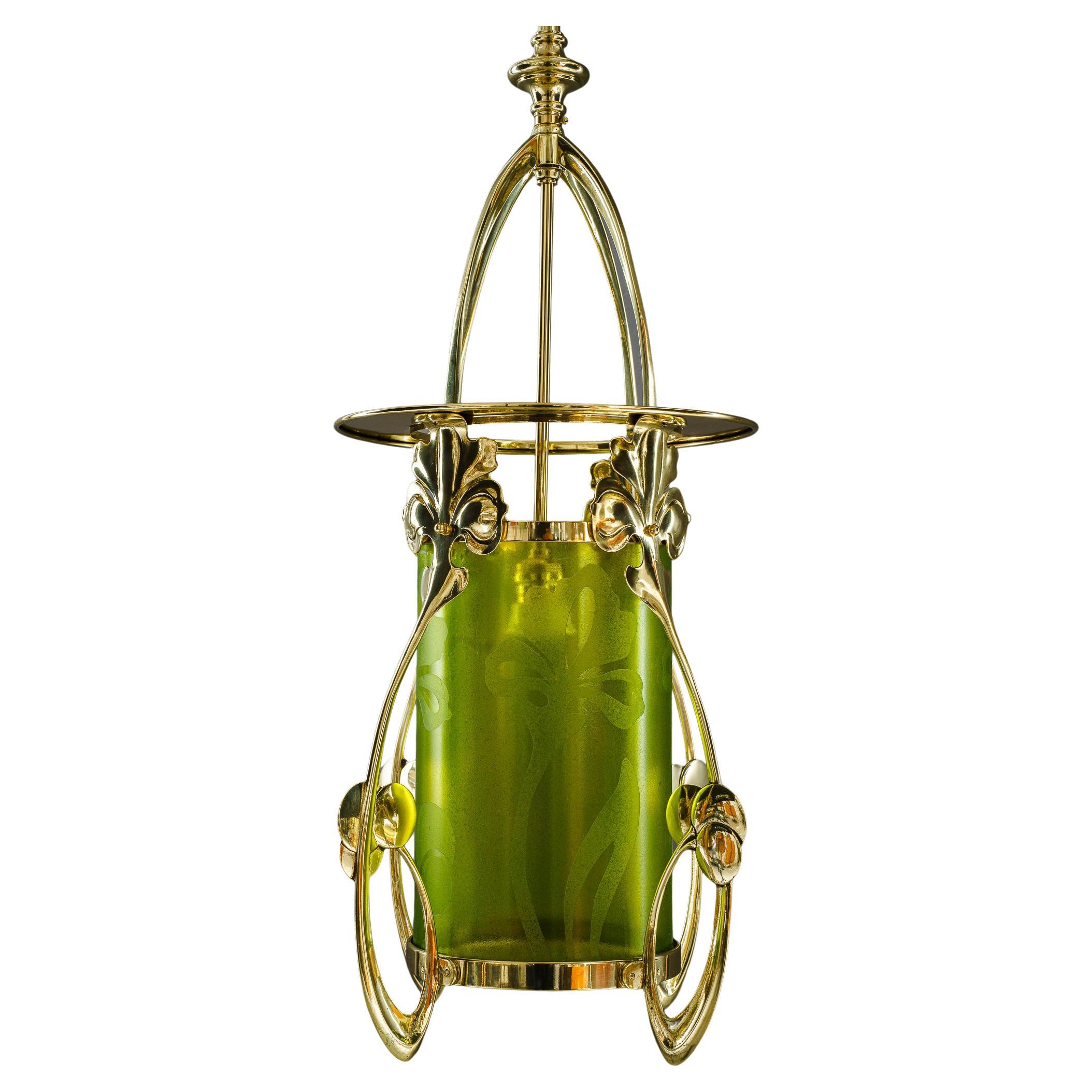Jugendstil Pendant with hand painted glass shade vienna around 1908