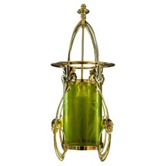 Jugendstil Pendant with hand painted glass shade vienna around 1908
