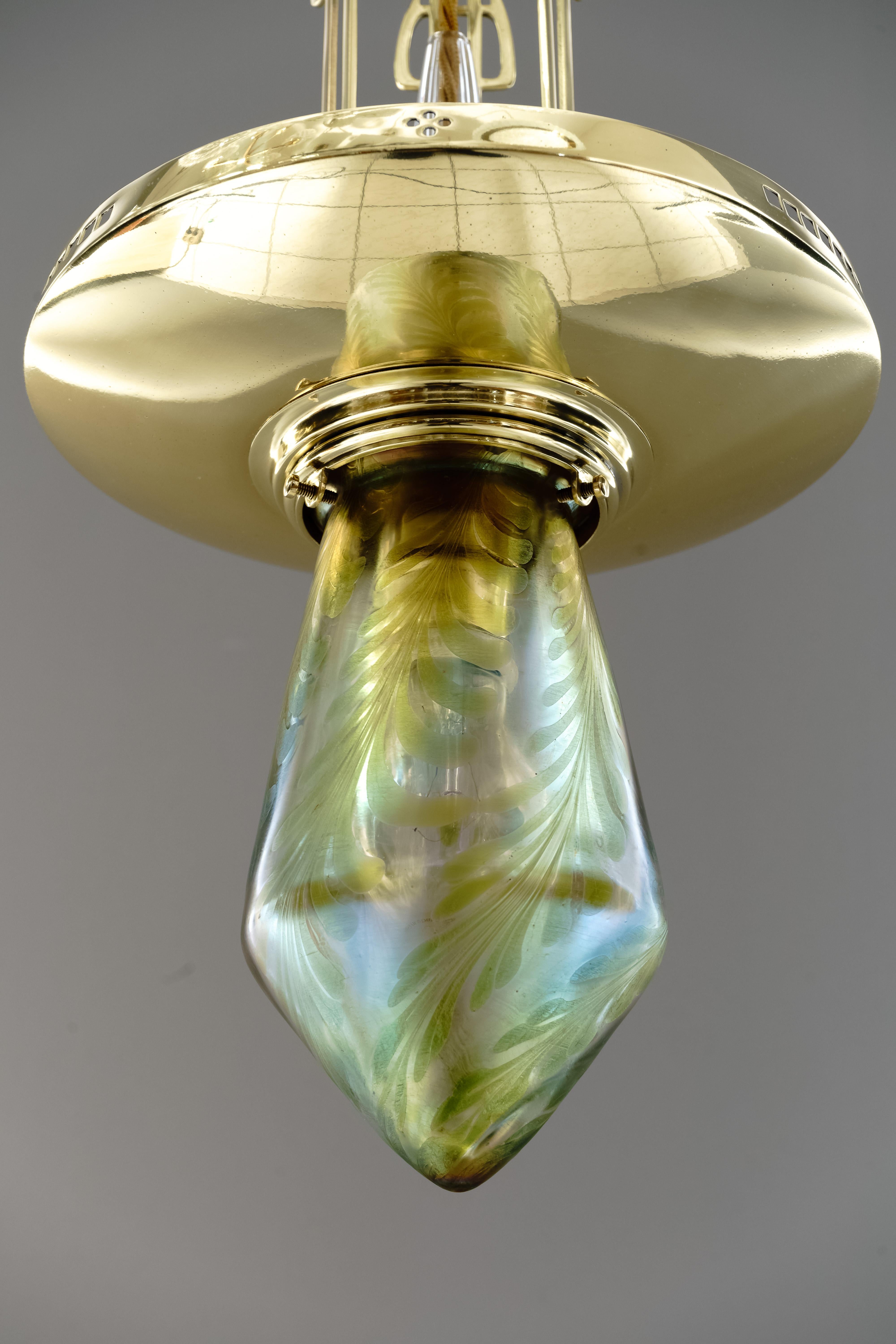 Brass Jugendstil Pendant with Loetz Glass, Vienna, circa 1910s