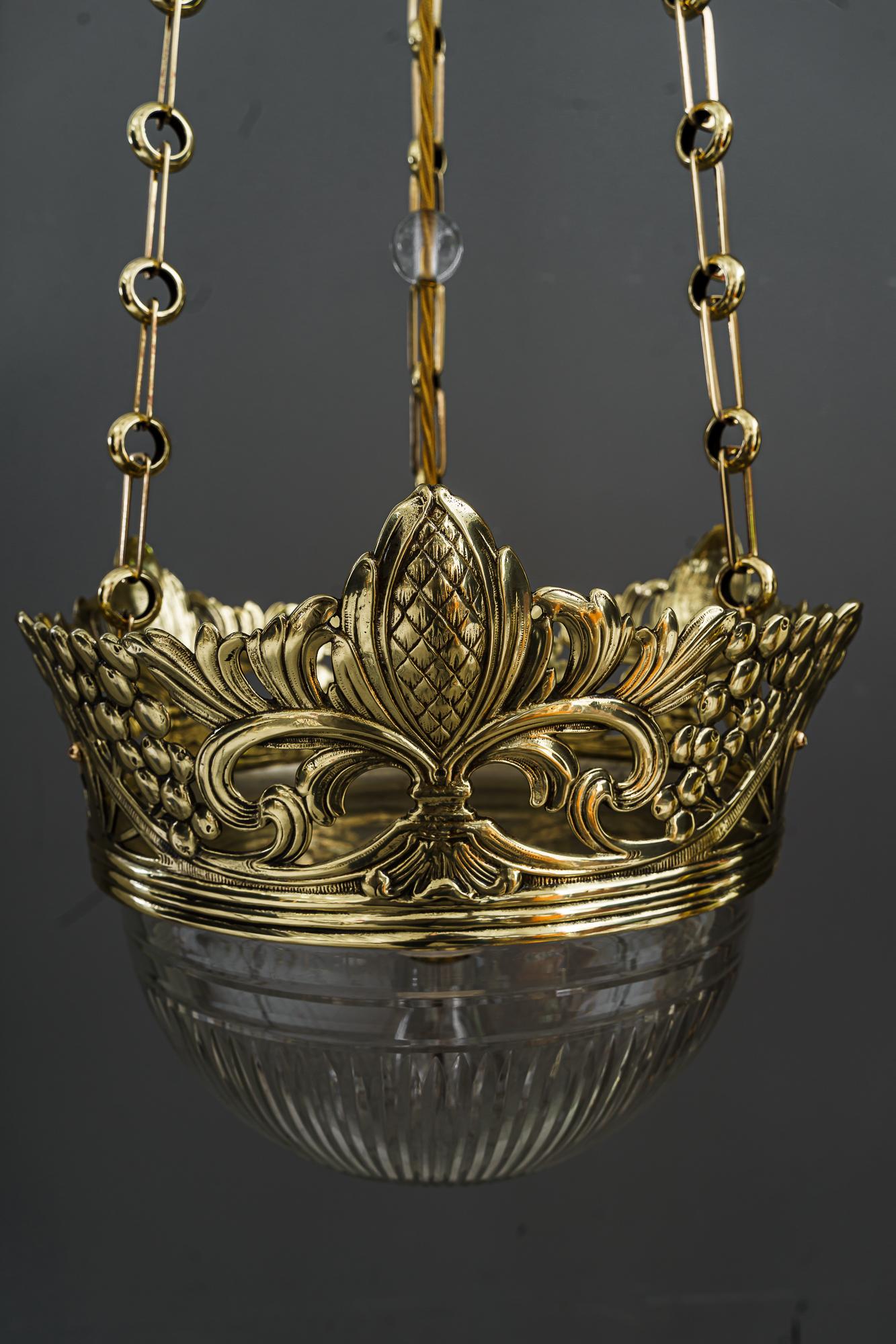 Brass Jugendstil Pendant with Original Cut Glass Shade Vienna Around 1908 For Sale