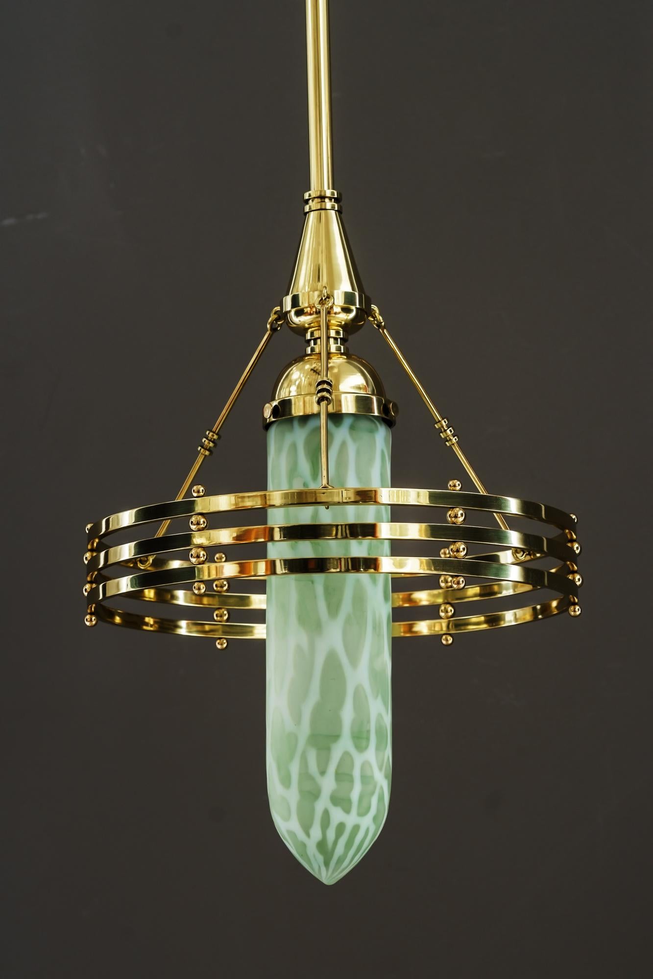 Jugendstil Pendant with palme koenig glass shade vienna around 1910
Polished and stove enamelled.