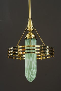 Jugendstil Pendelleuchte mit Palme Koenig Glasschirm Wien um 1910
