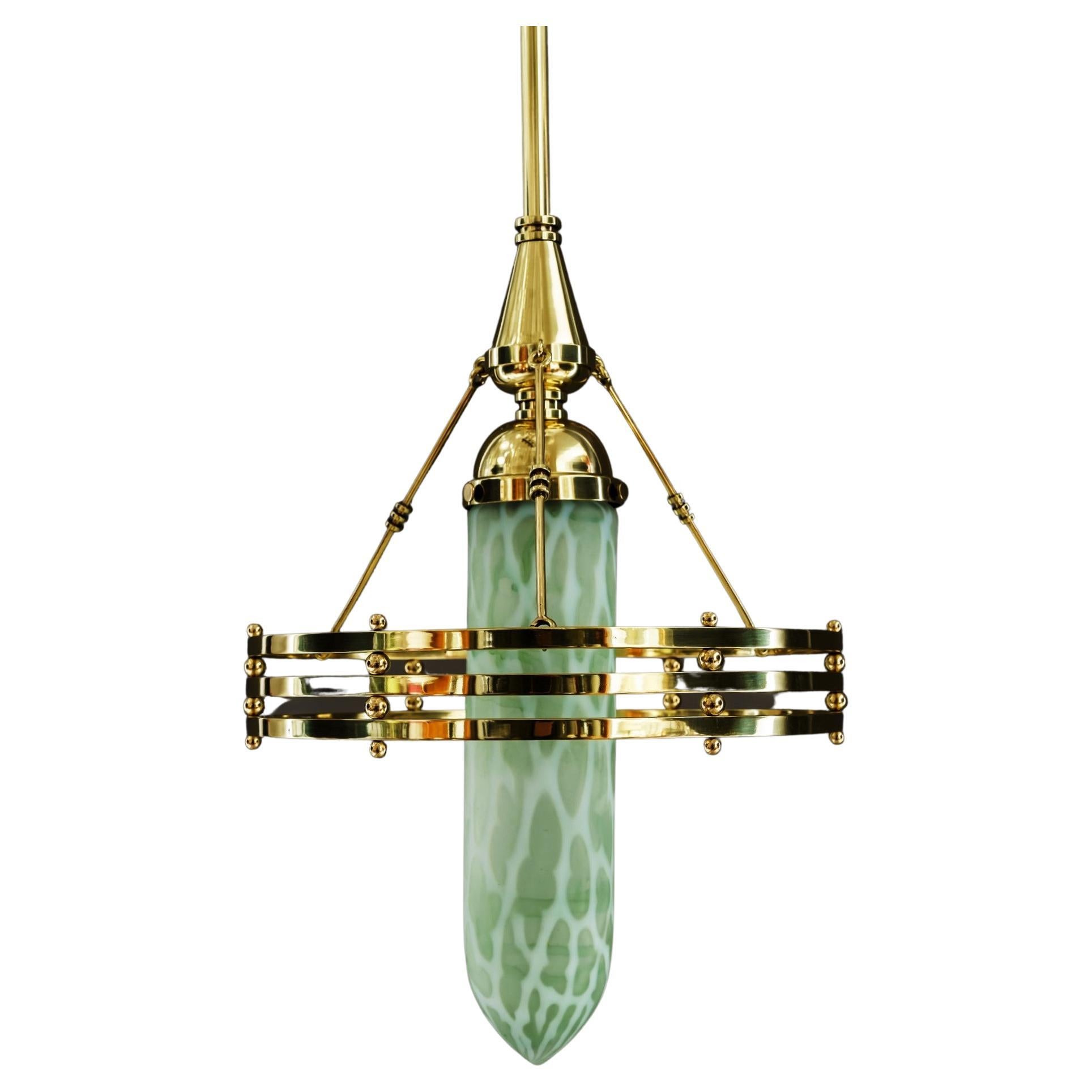 Jugendstil Pendant with Palme Koenig Glass Shade Vienna Around 1910 For Sale