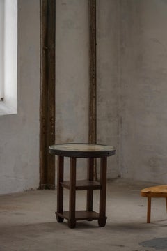 Jugendstil, Mesa Auxiliar Redonda con Tapa de Cristal Floral, Ebanista Danés, Años 20