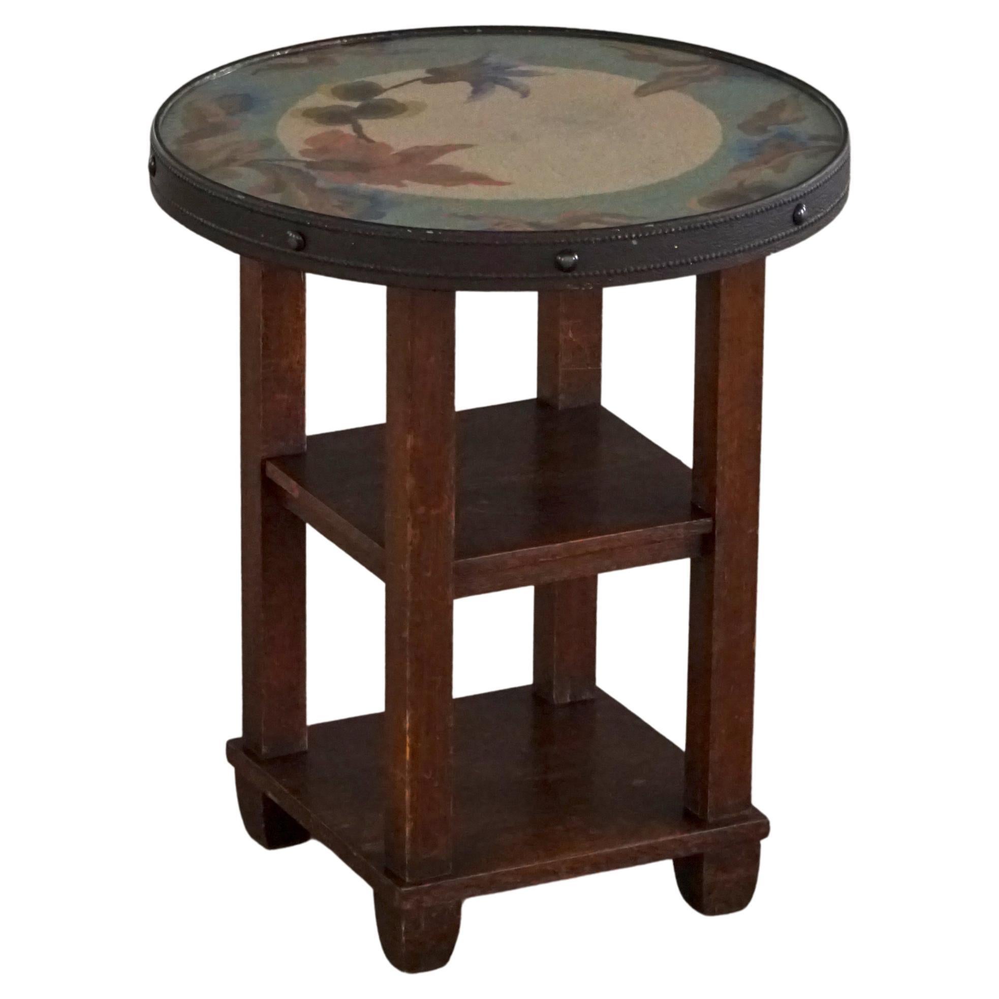 Jugendstil, Round Side Table with Floral Glass Top, Danish Cabinetmaker, 1920s For Sale